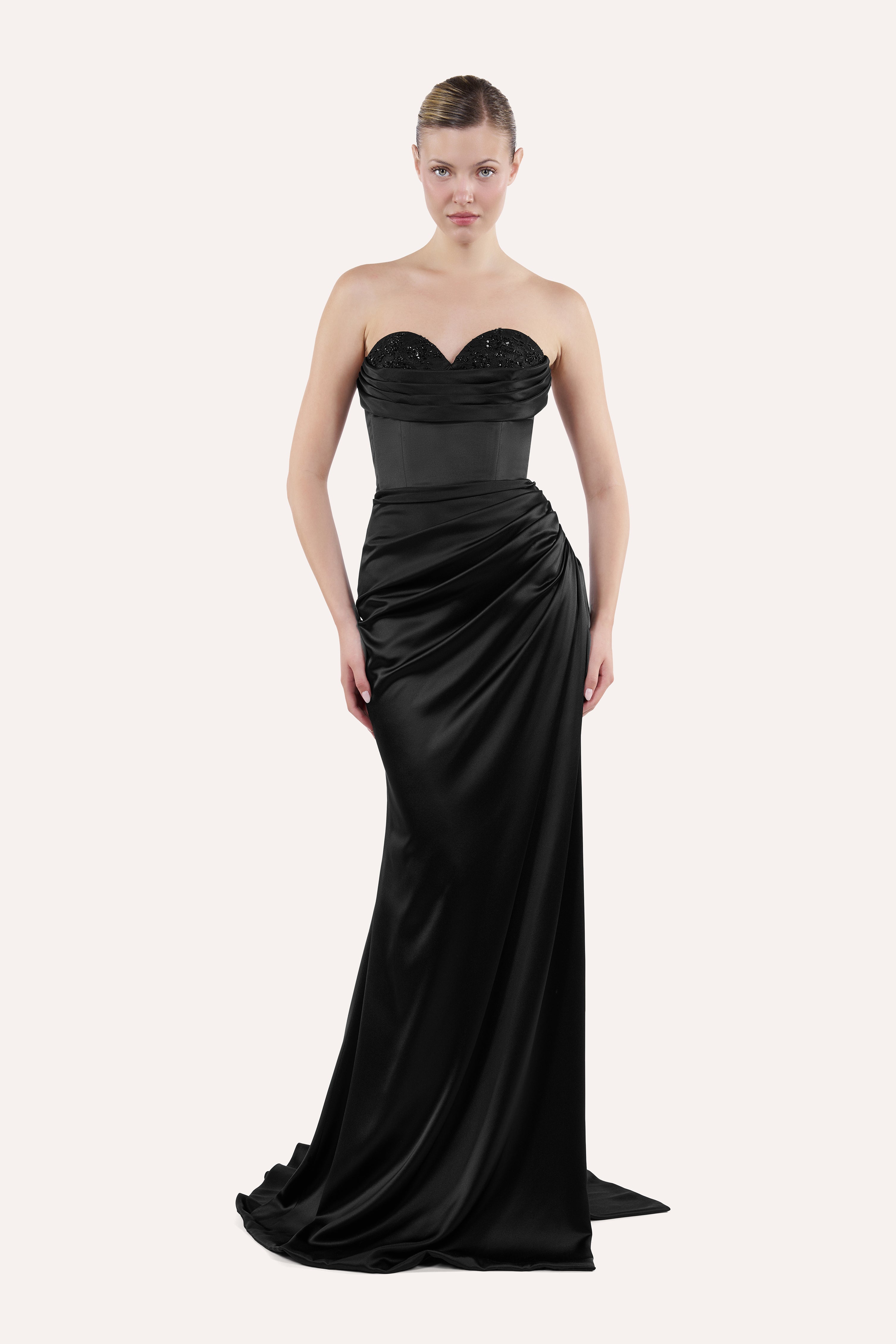 Sweetheart corset dress with draped skirt