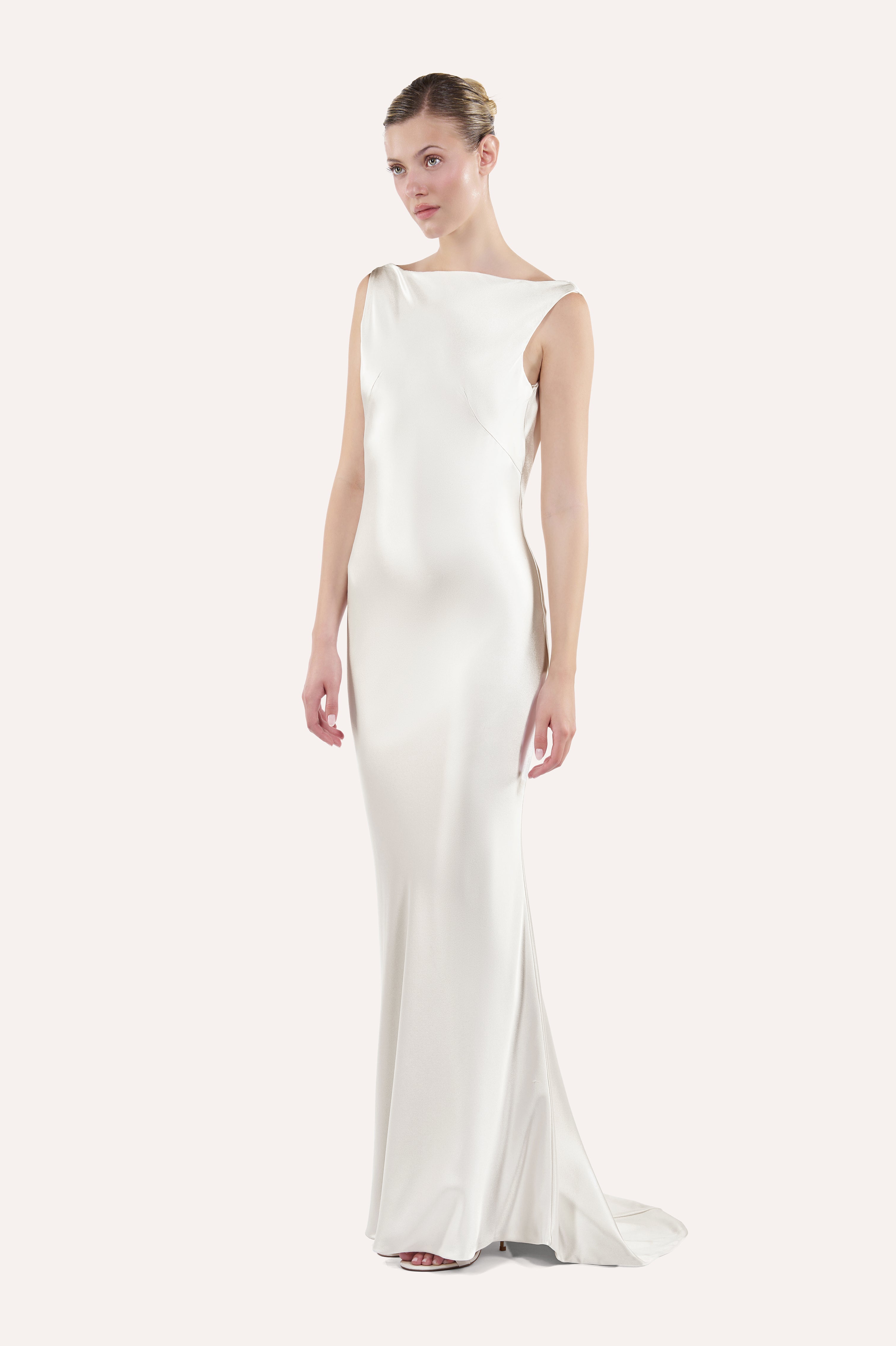 Boat neck cowl-back slip dress
