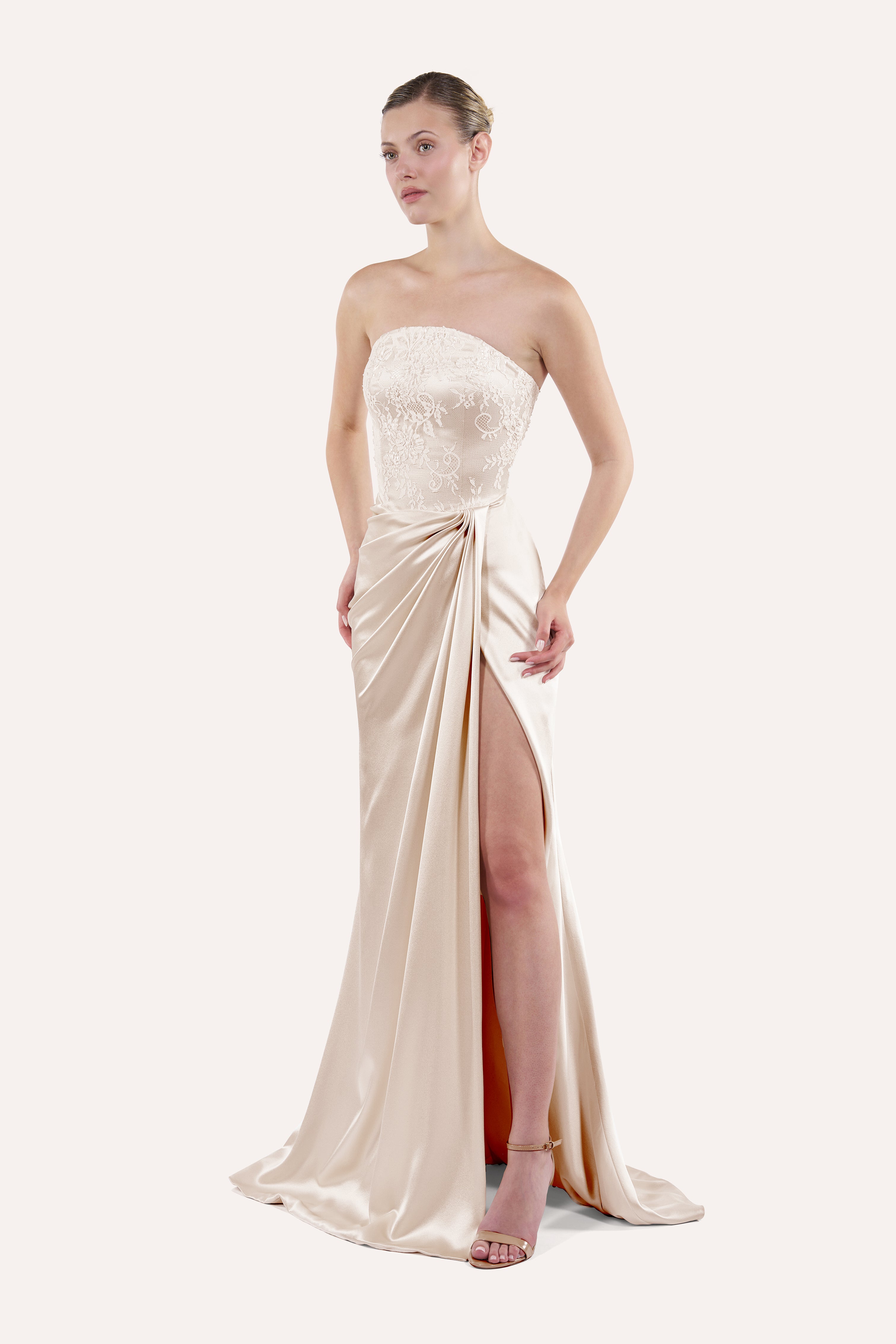 Round neck corset dress with draped skirt