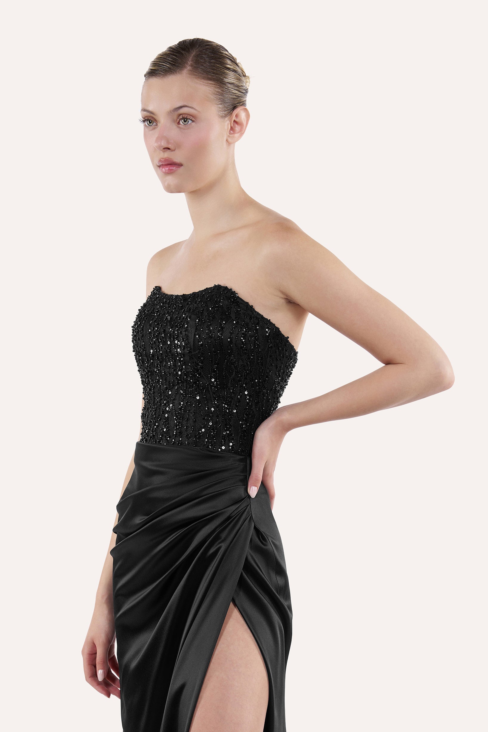 Boat neck corset dress with draped skirt