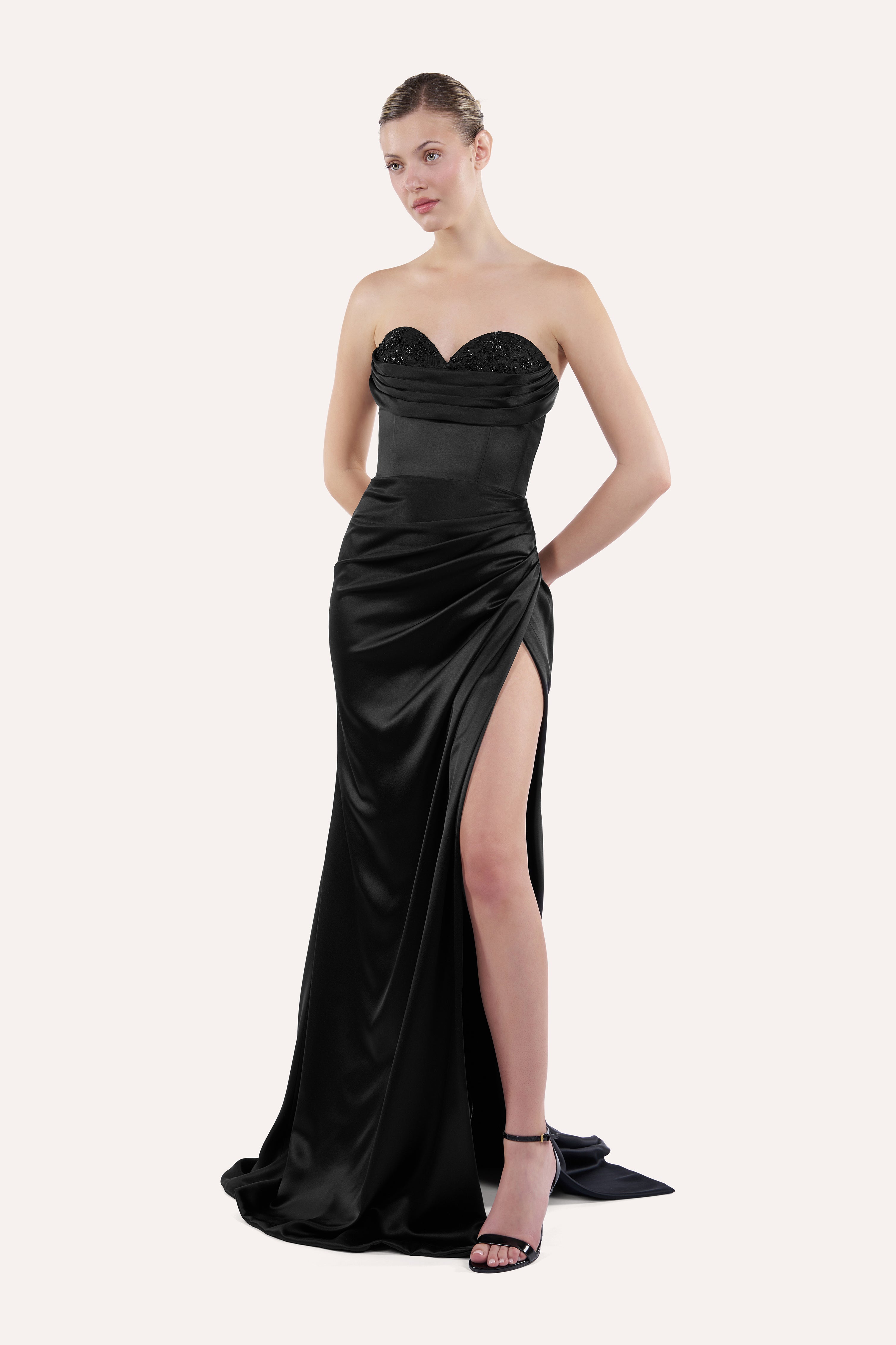 Sweetheart corset dress with draped skirt