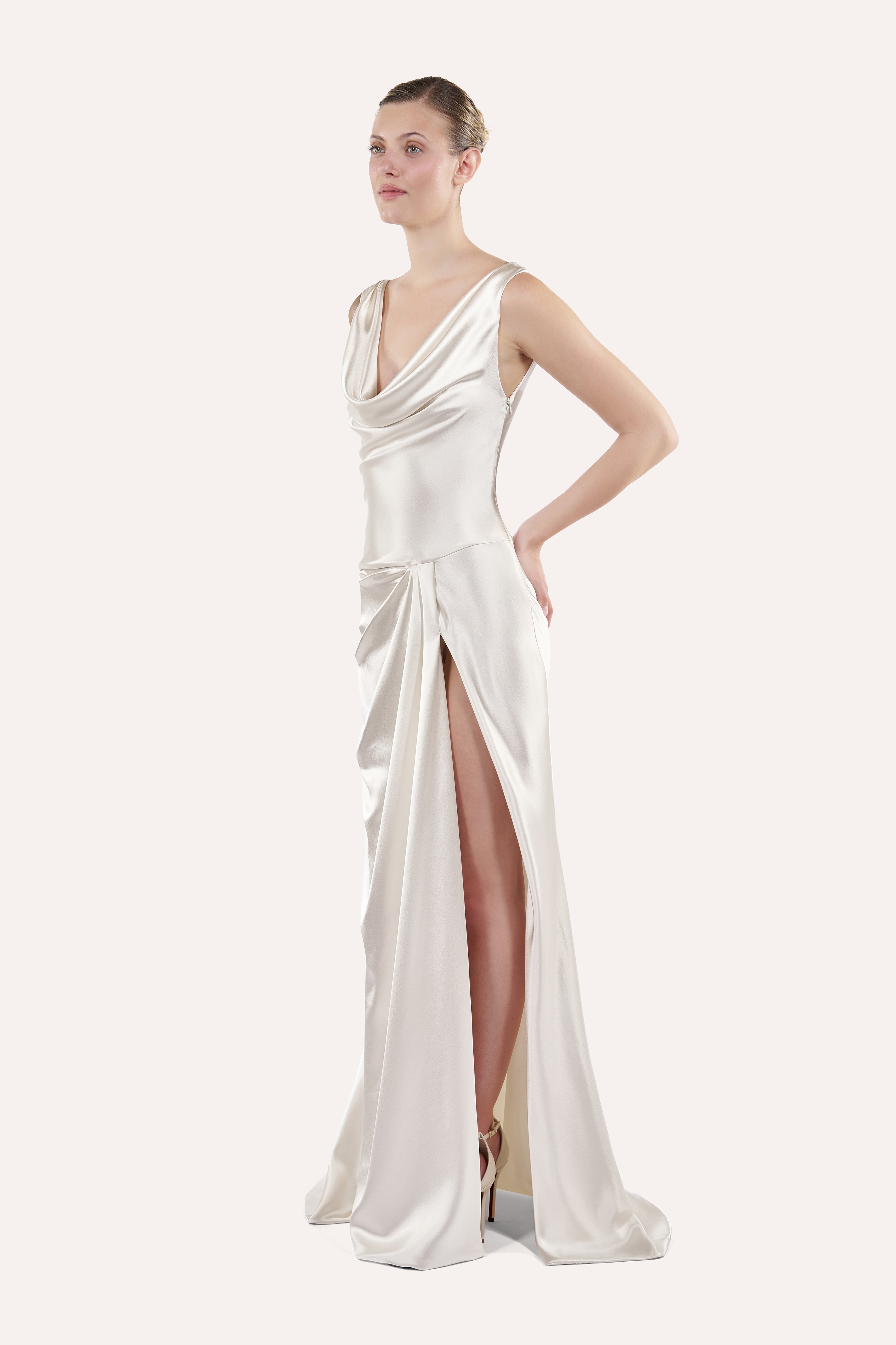 Cowl neck open back slip dress