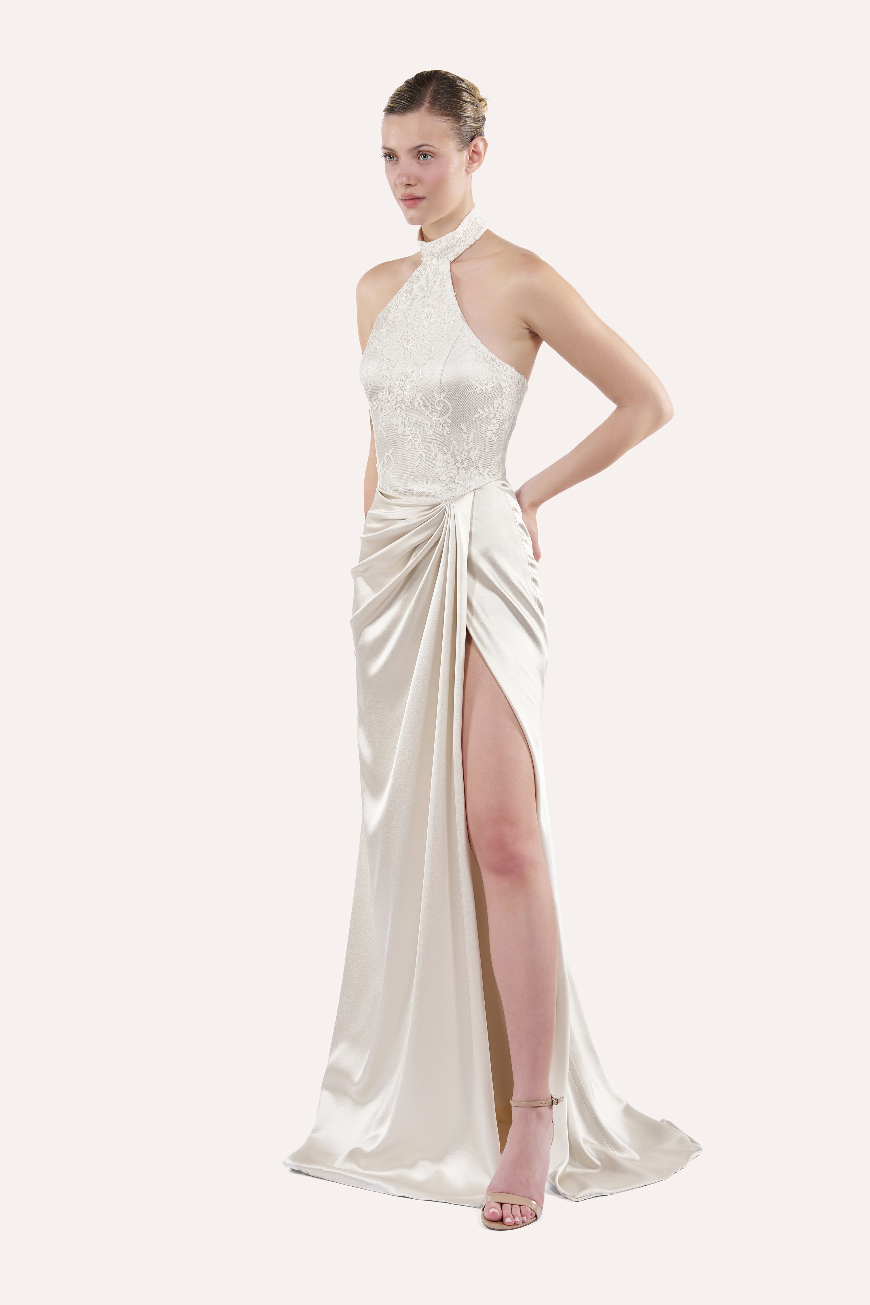 Halter corset dress with draped skirt