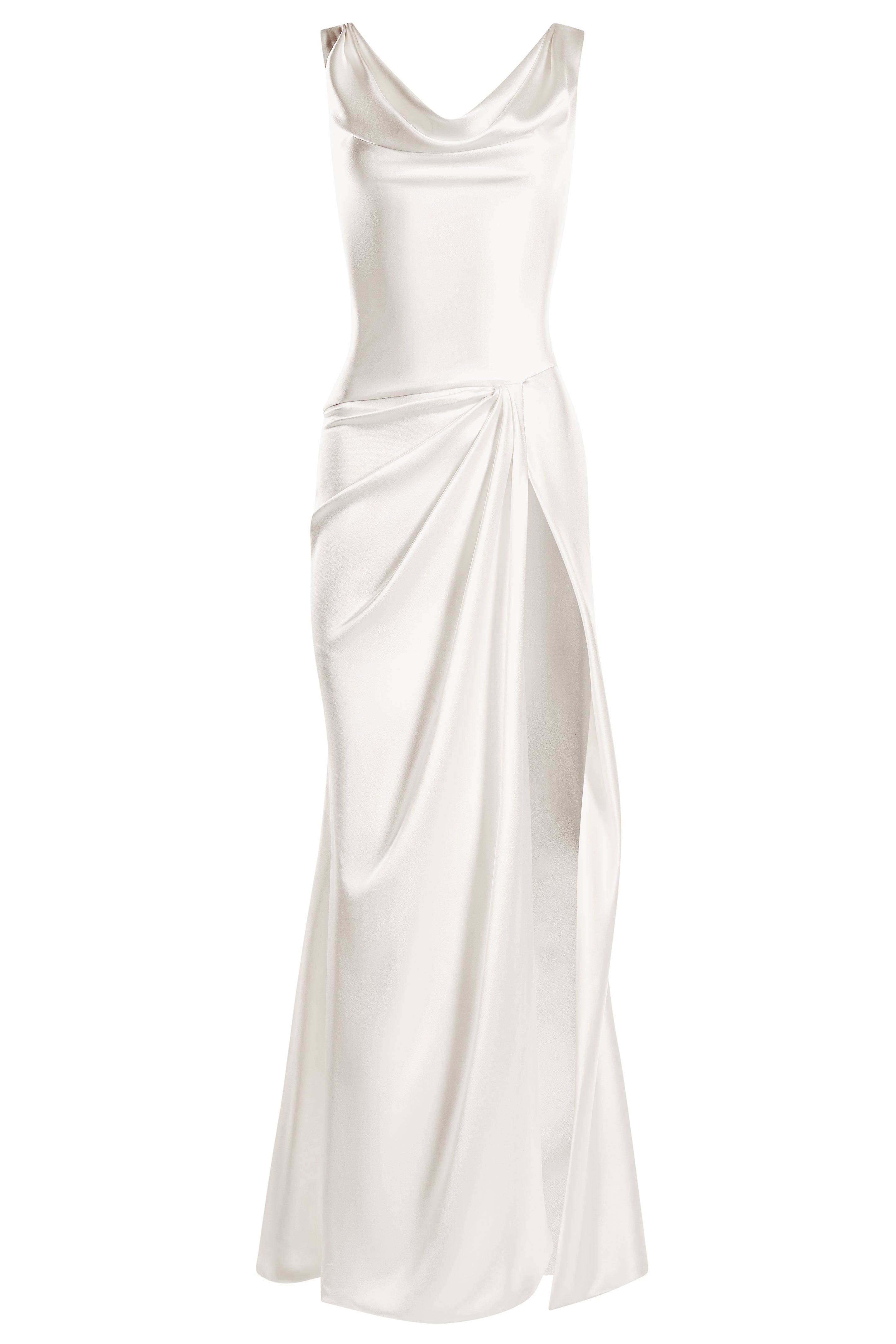 Cowl neck open back slip dress