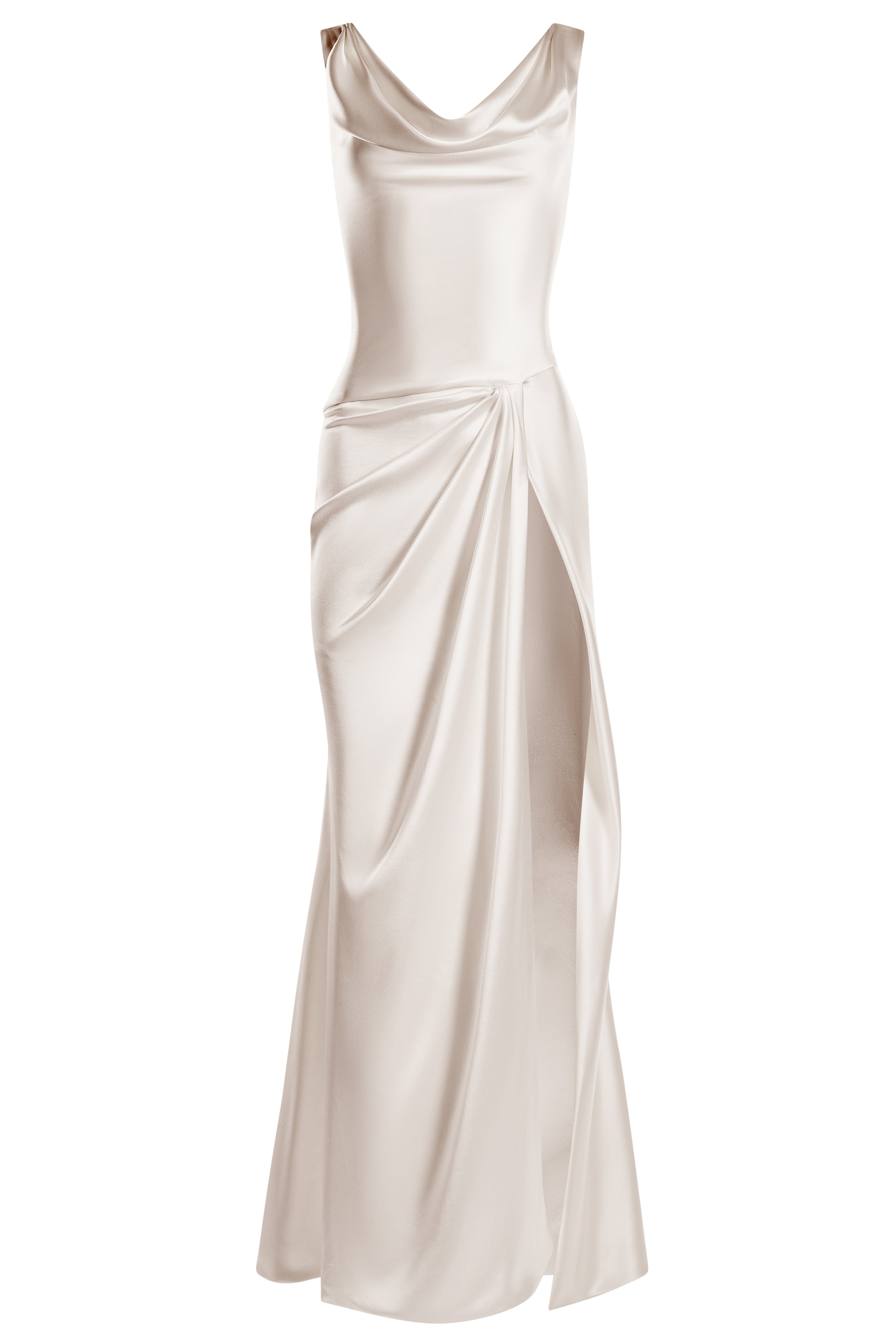 Cowl neck open back slip dress