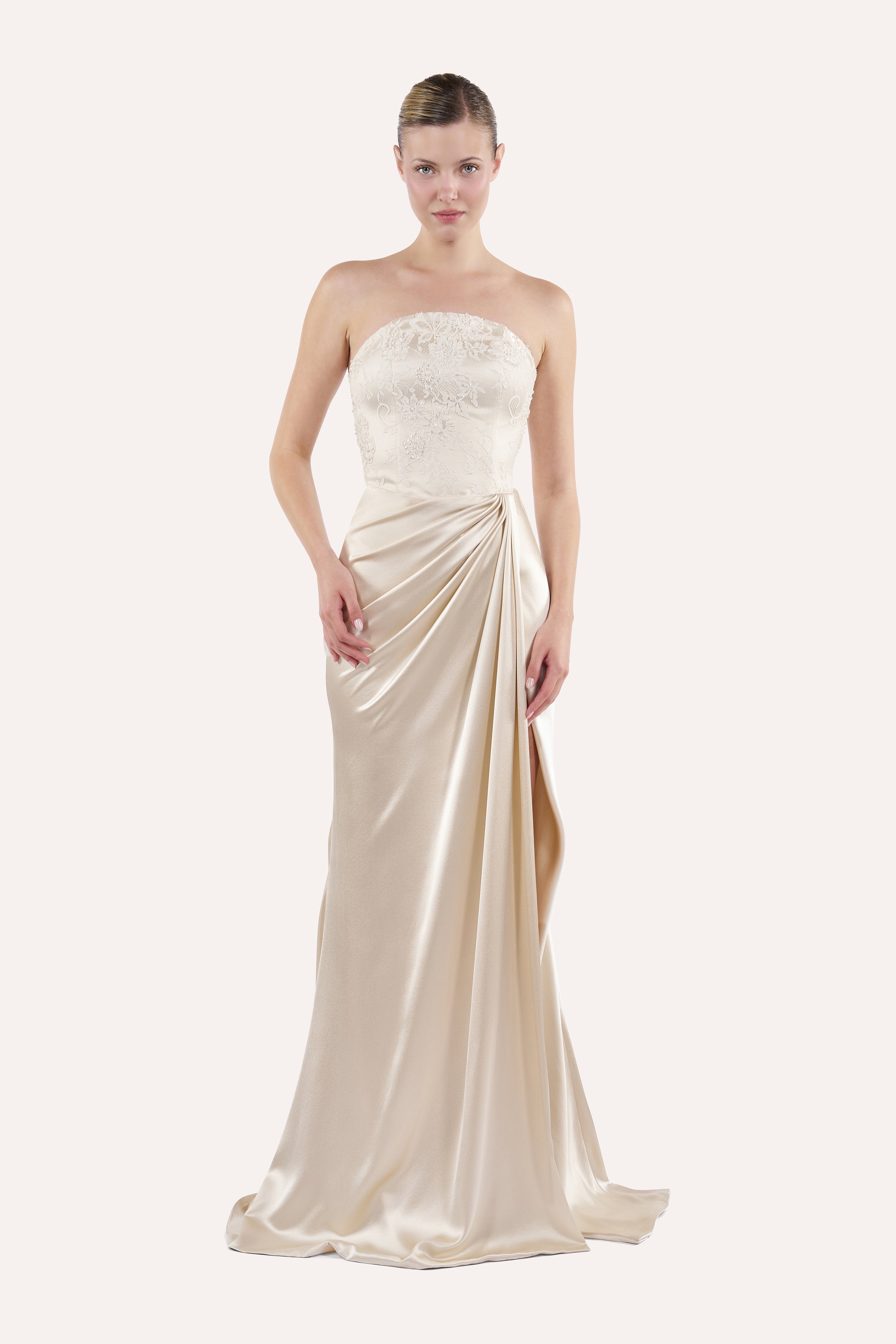 Round neck corset dress with draped skirt