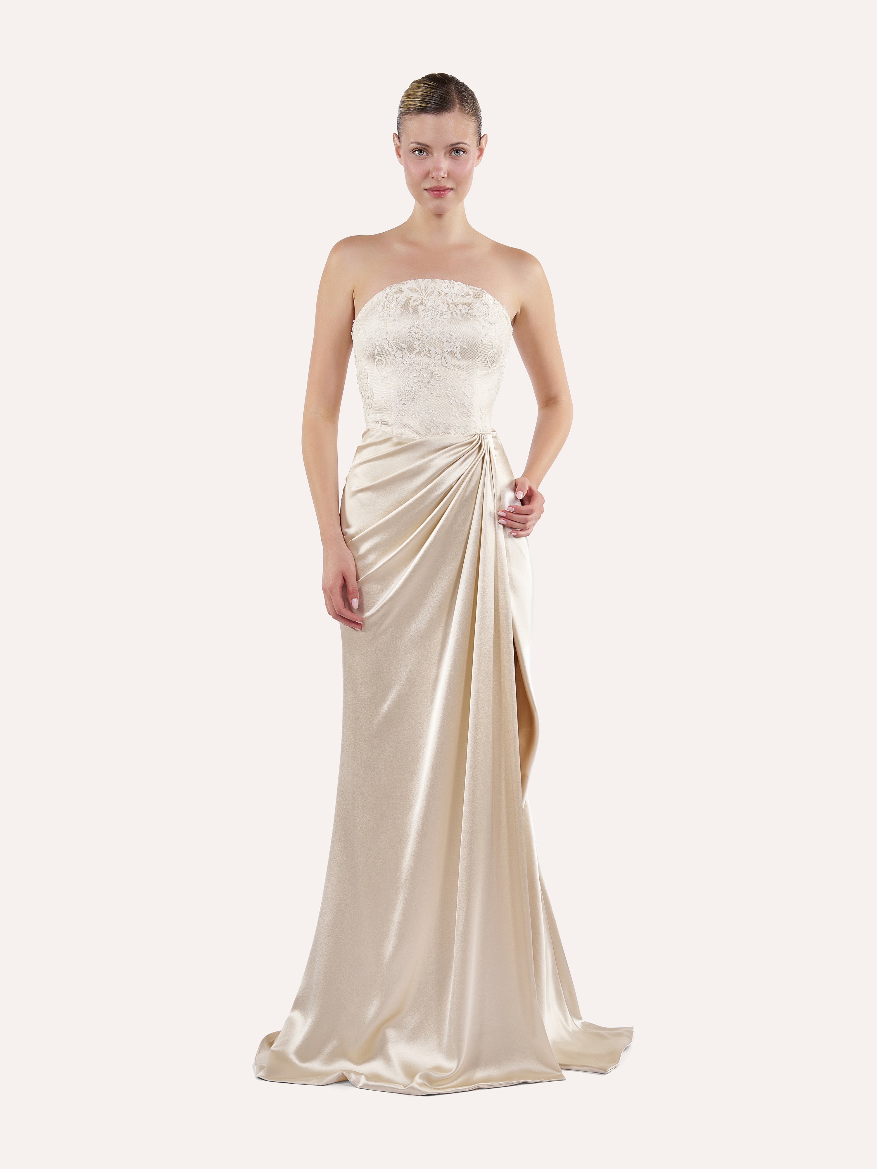 Round neck corset dress with draped skirt