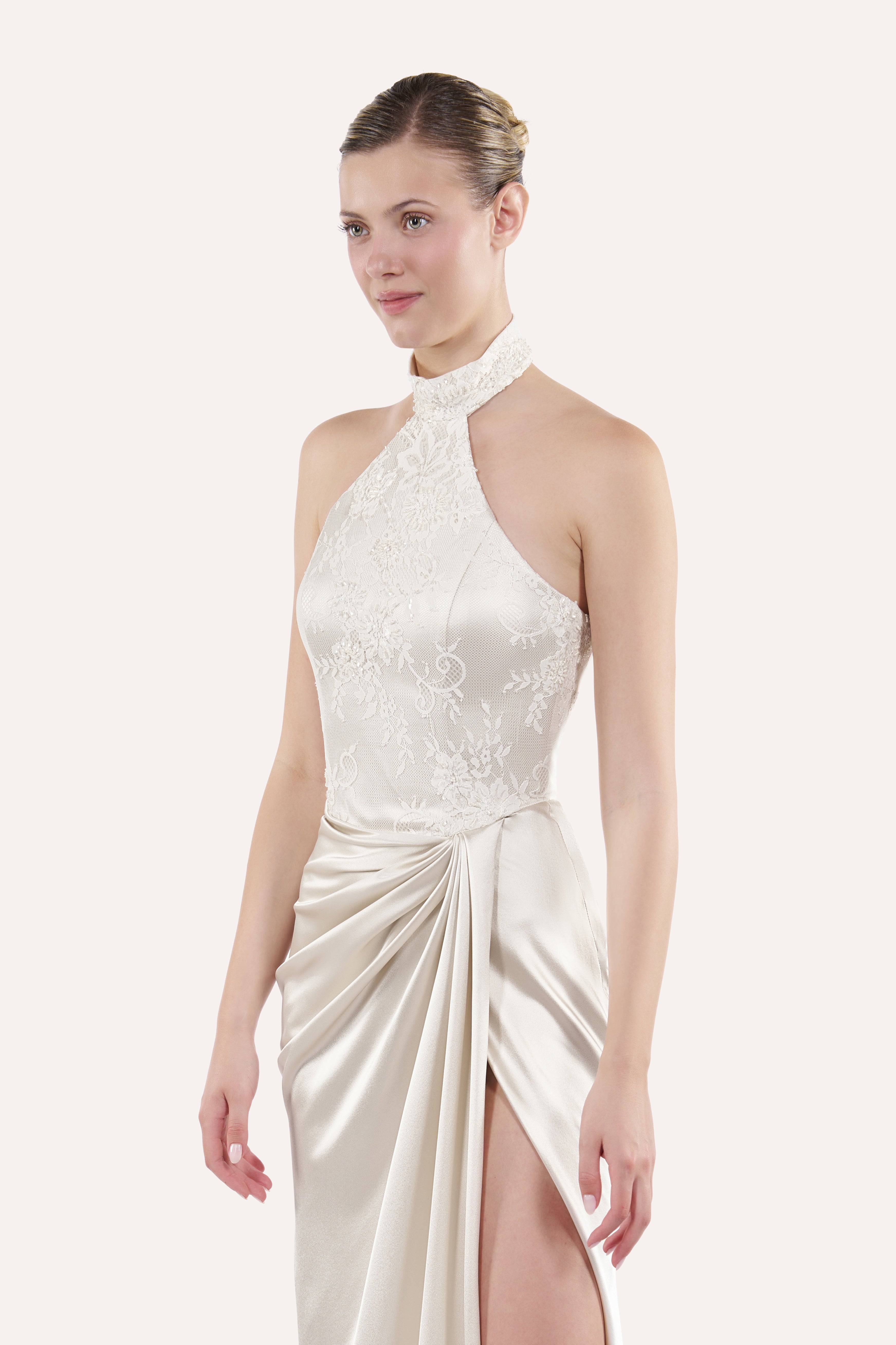 Halter corset dress with draped skirt