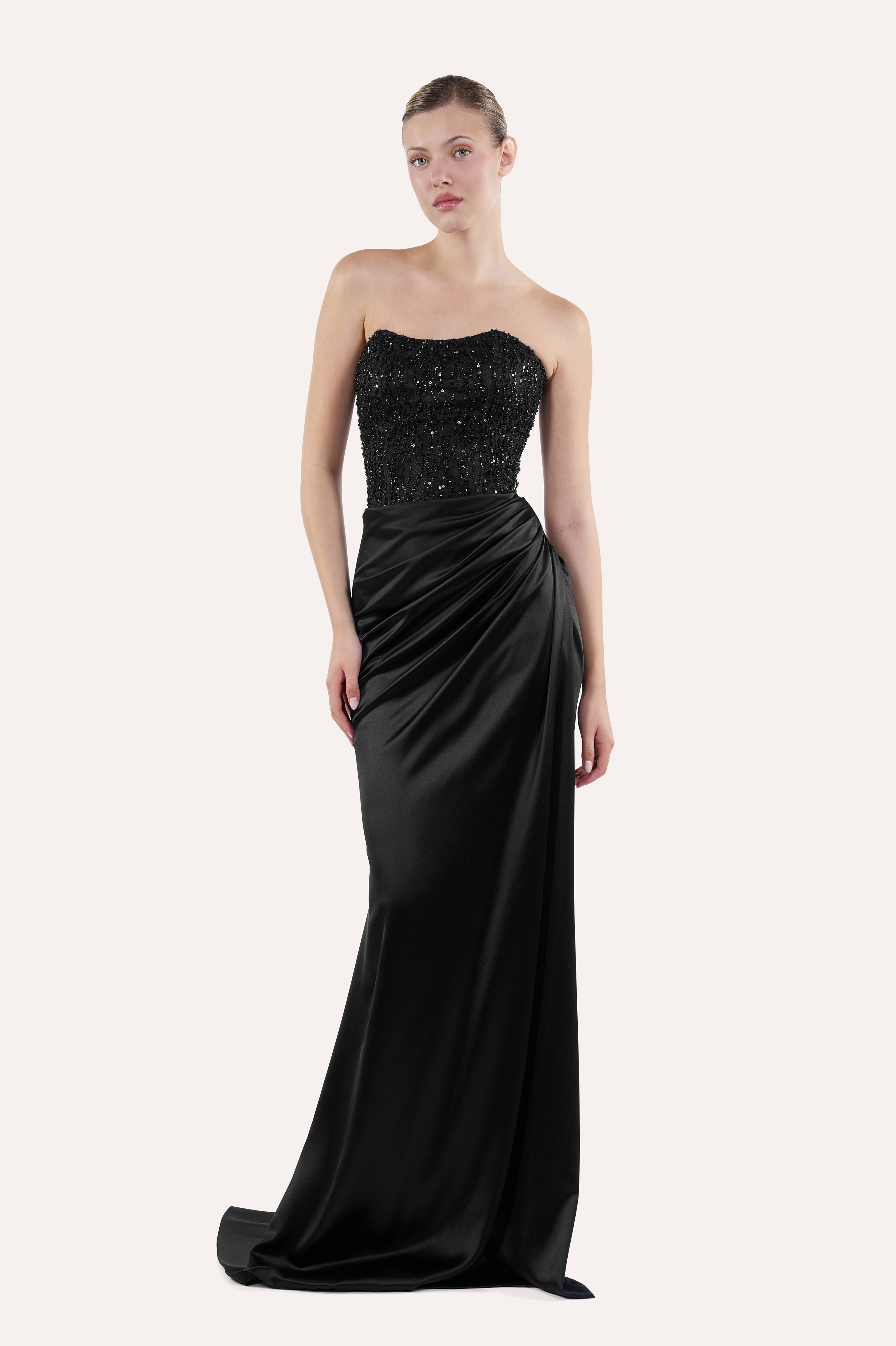 Boat neck corset dress with draped skirt