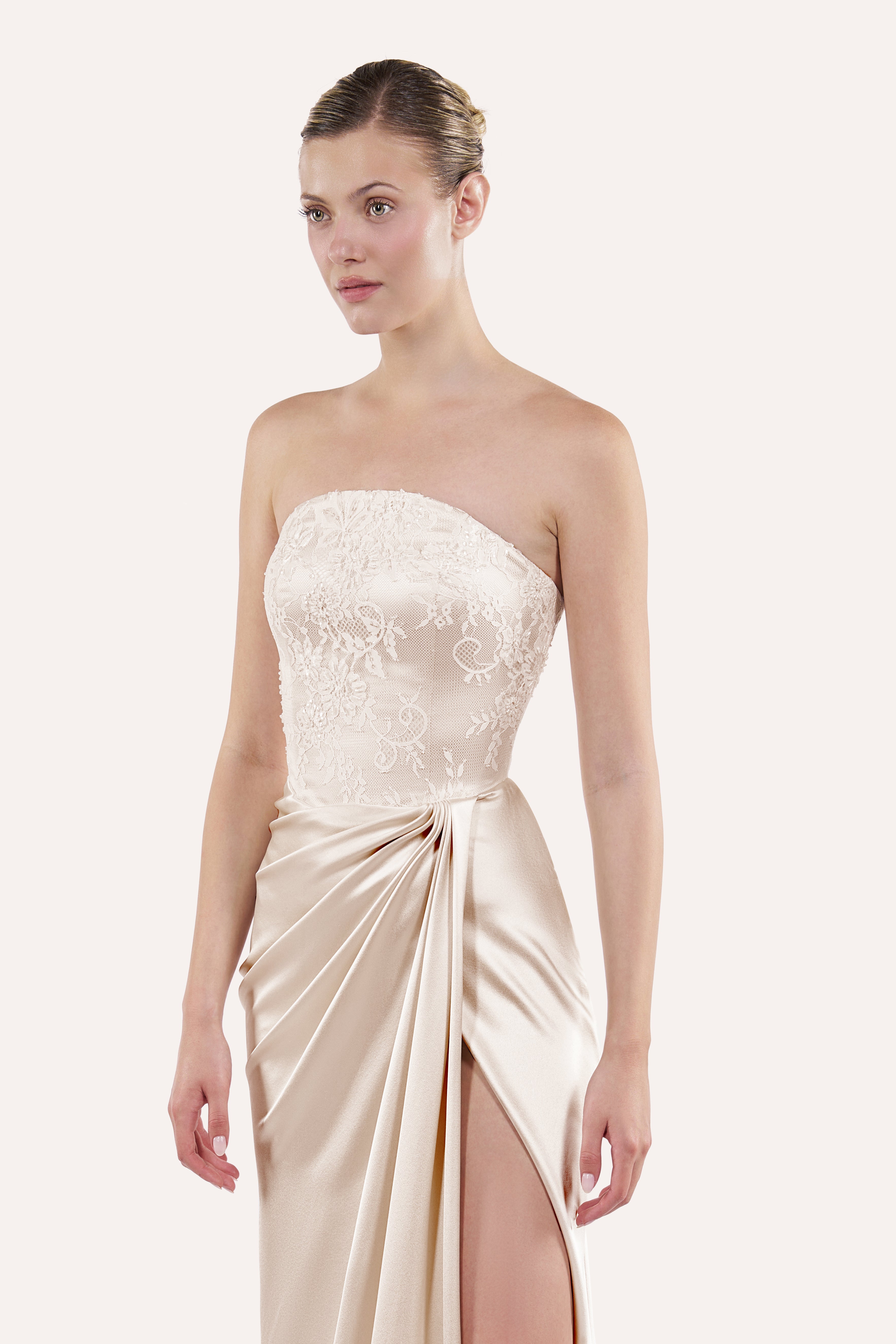 Round neck corset dress with draped skirt