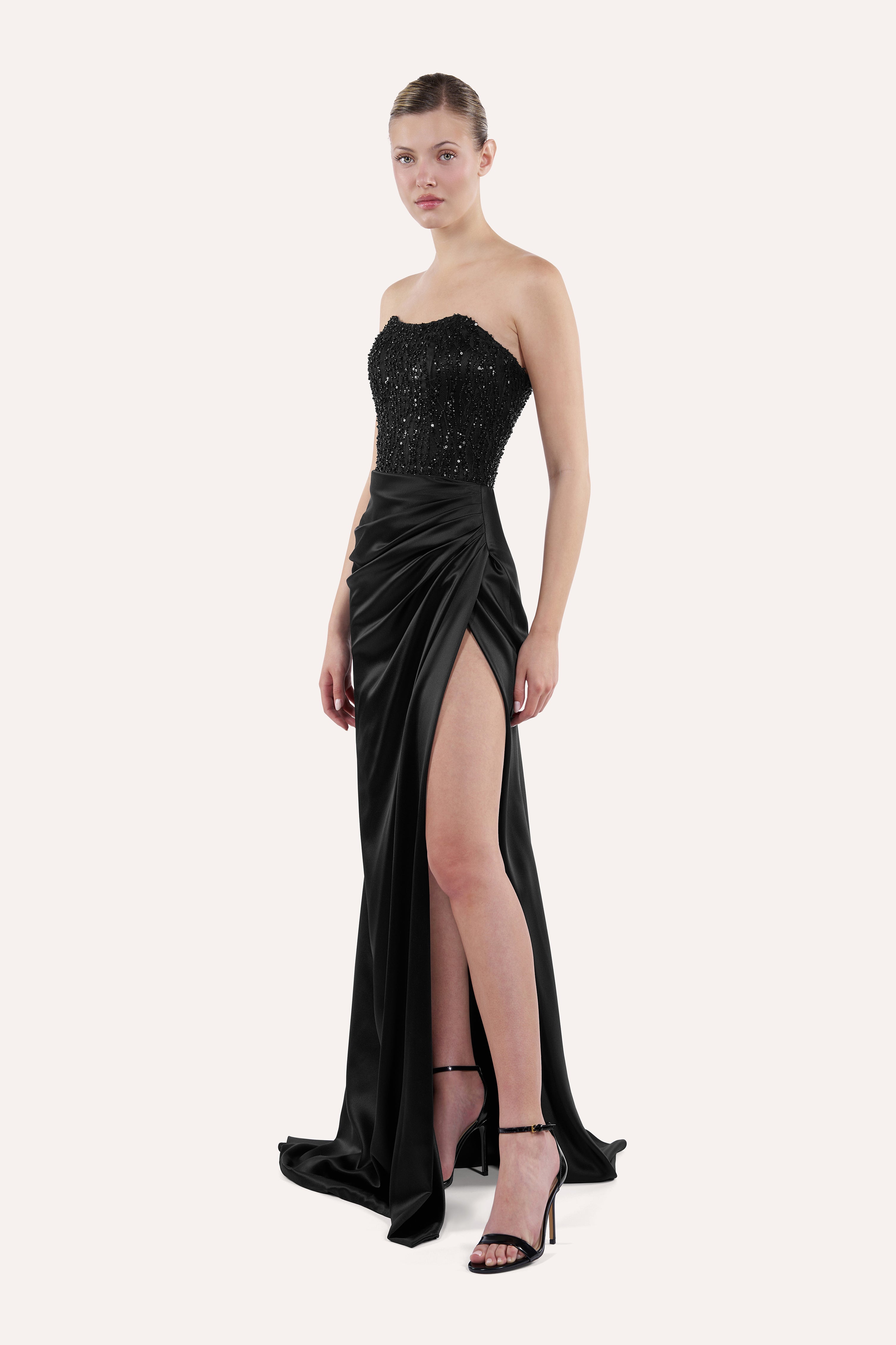 Boat neck corset dress with draped skirt