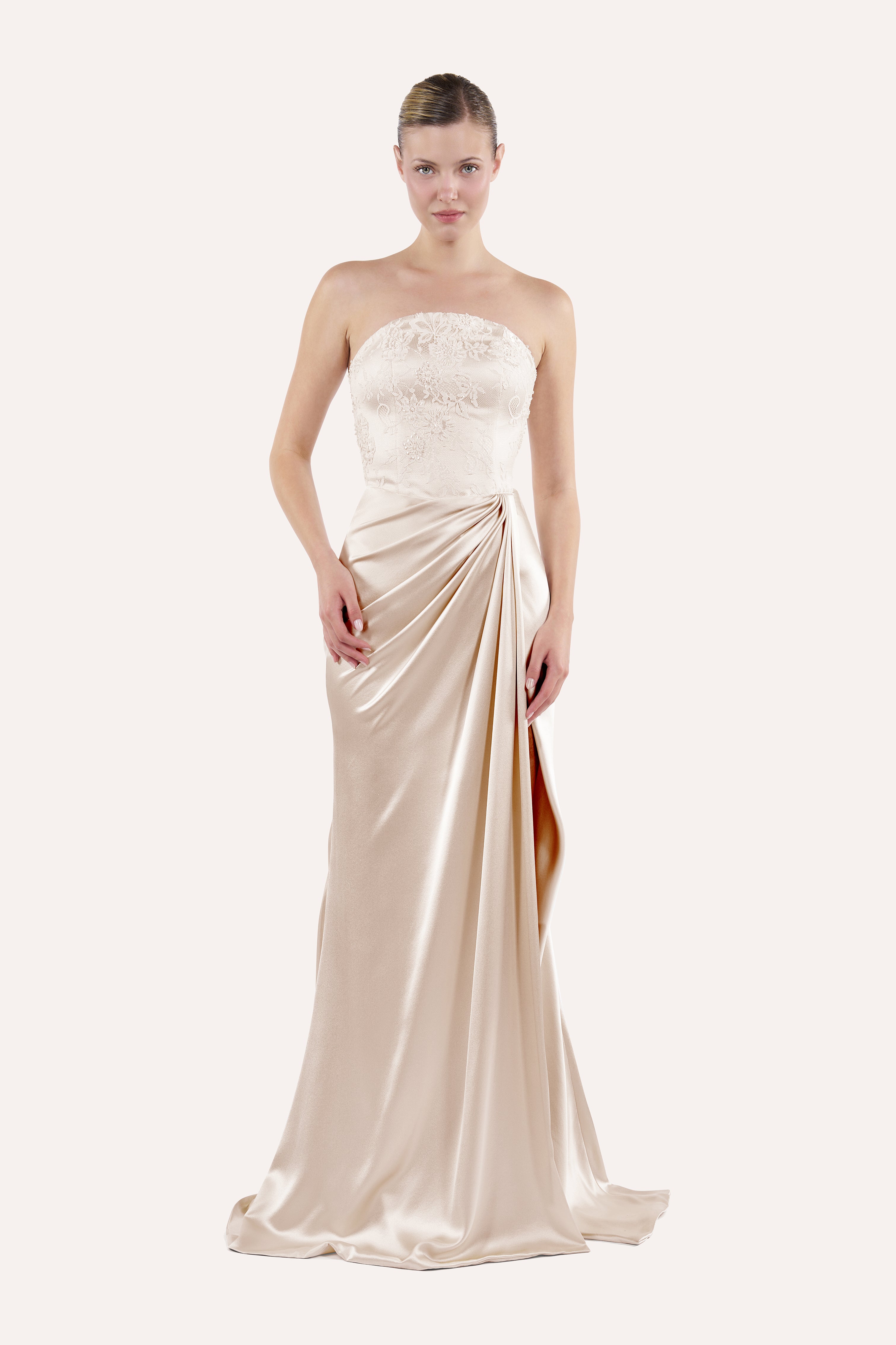 Round neck corset dress with draped skirt