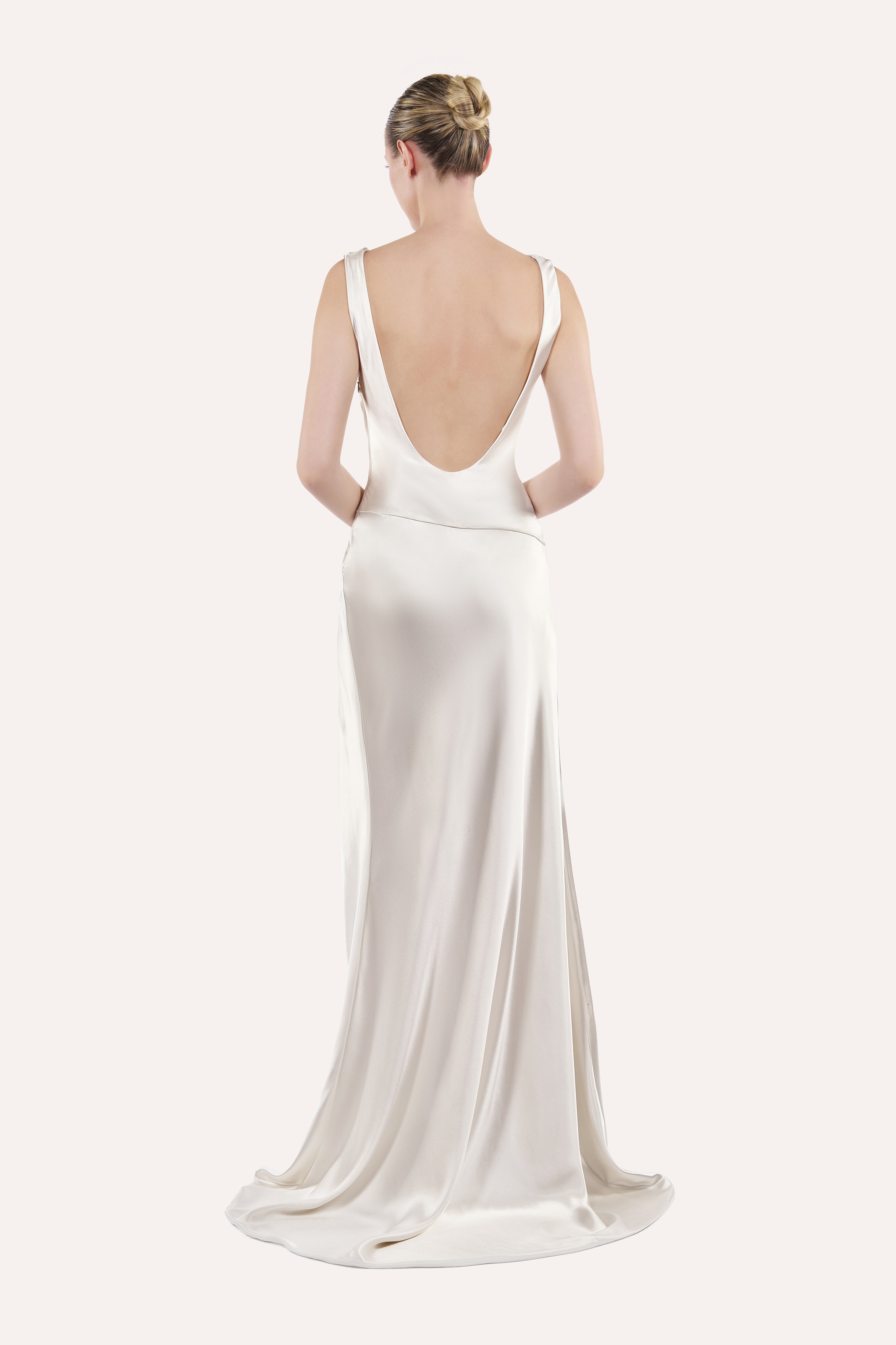 Cowl neck open back slip dress