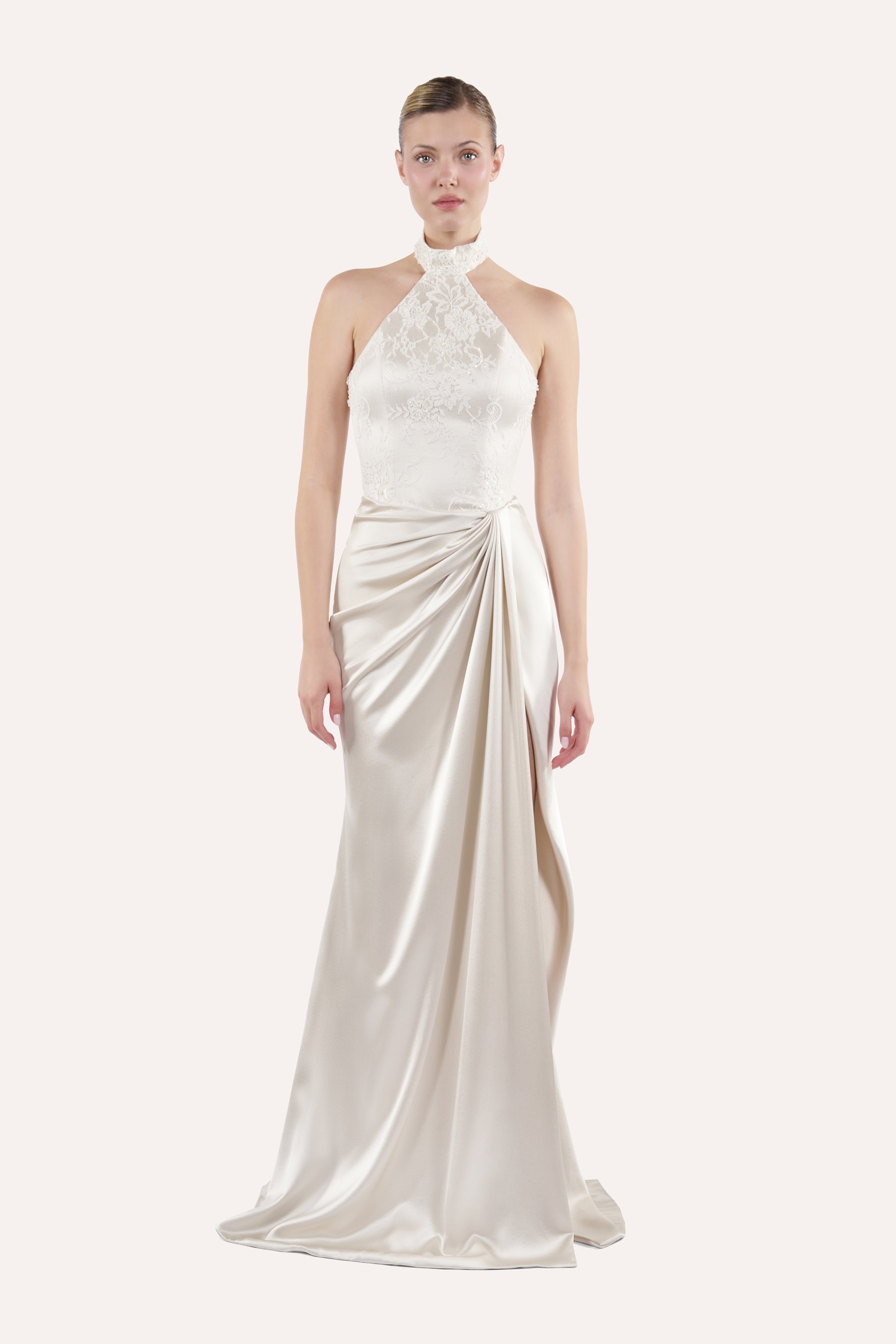 Halter corset dress with draped skirt