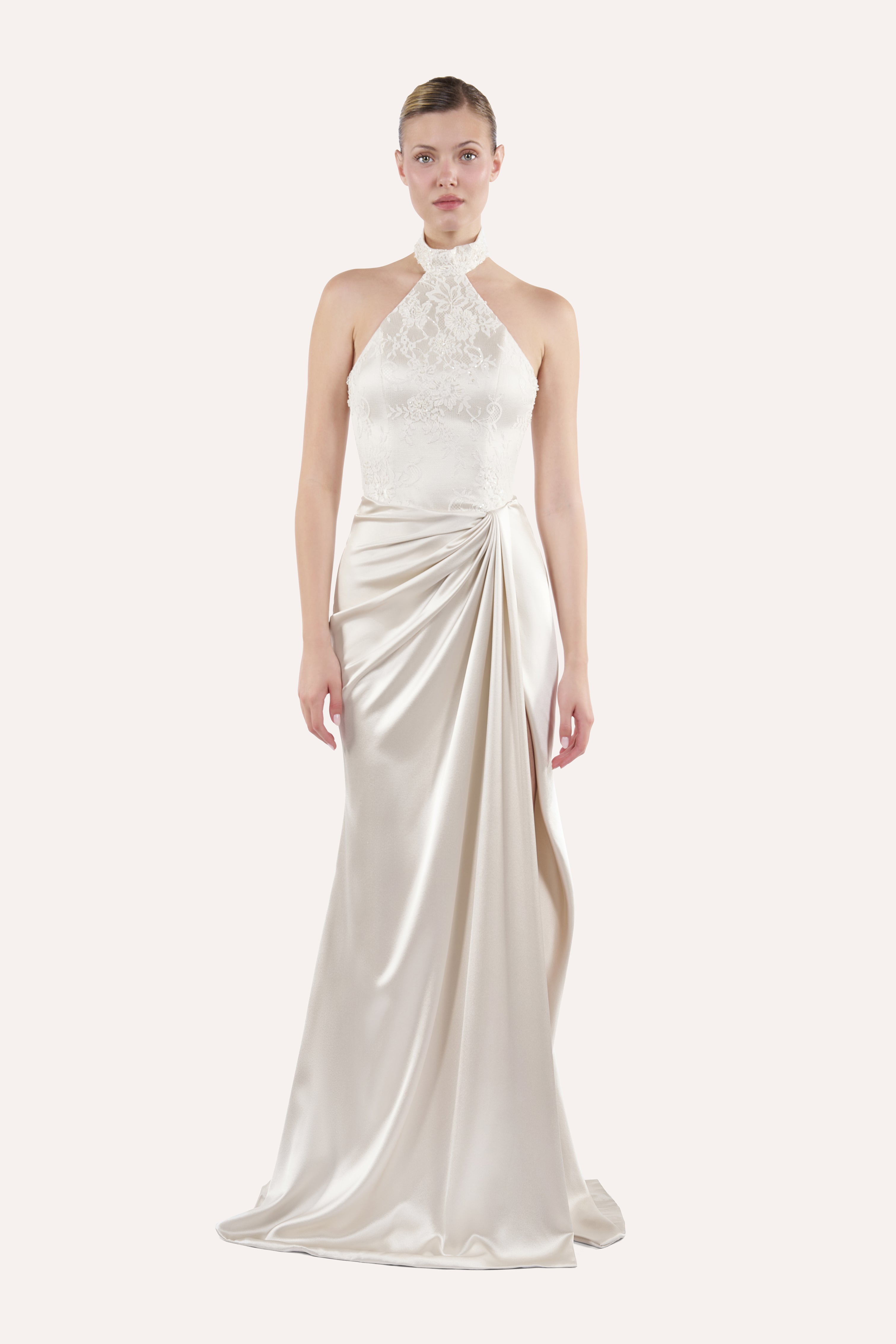 Halter corset dress with draped skirt