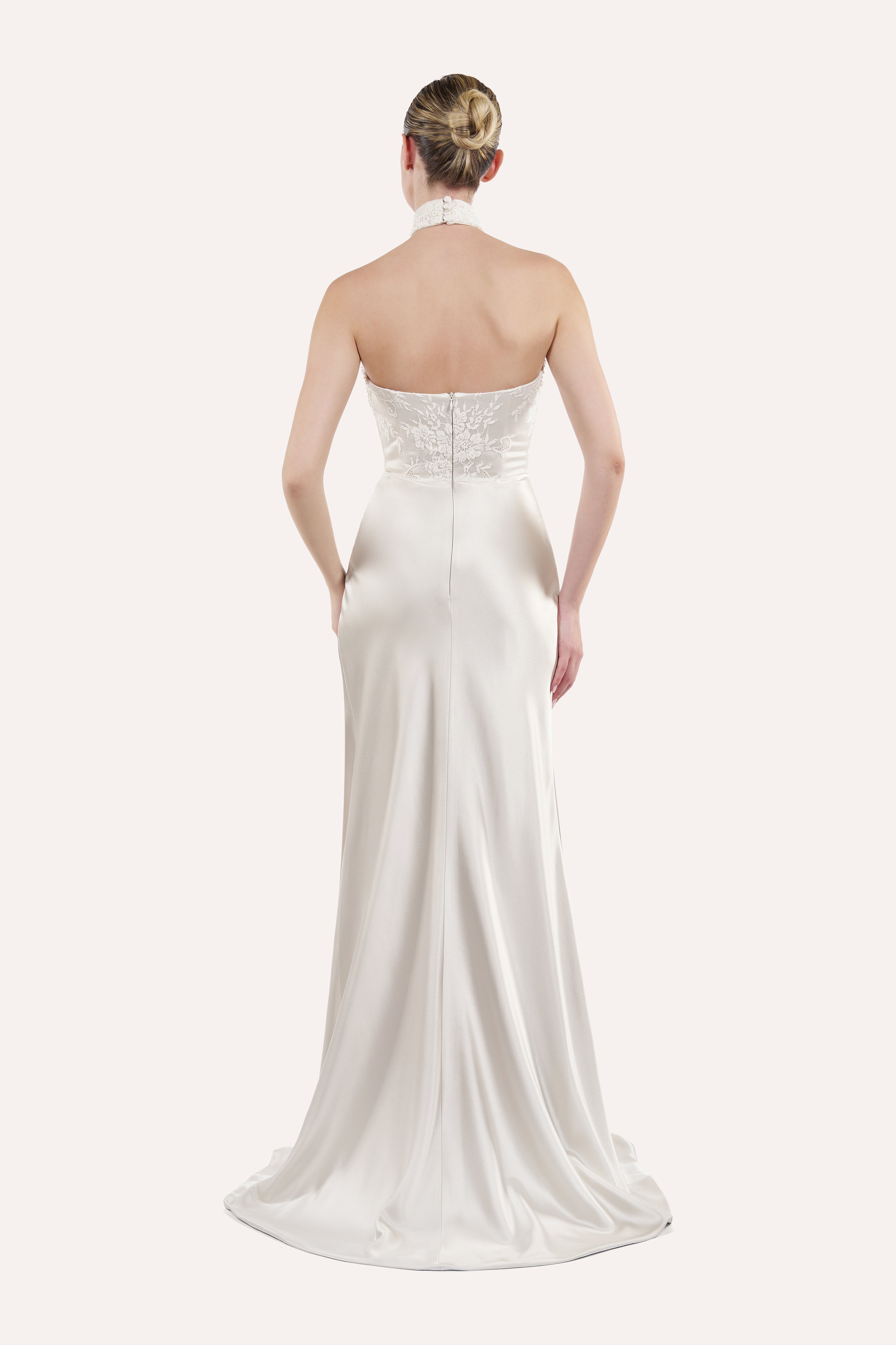 Halter corset dress with draped skirt