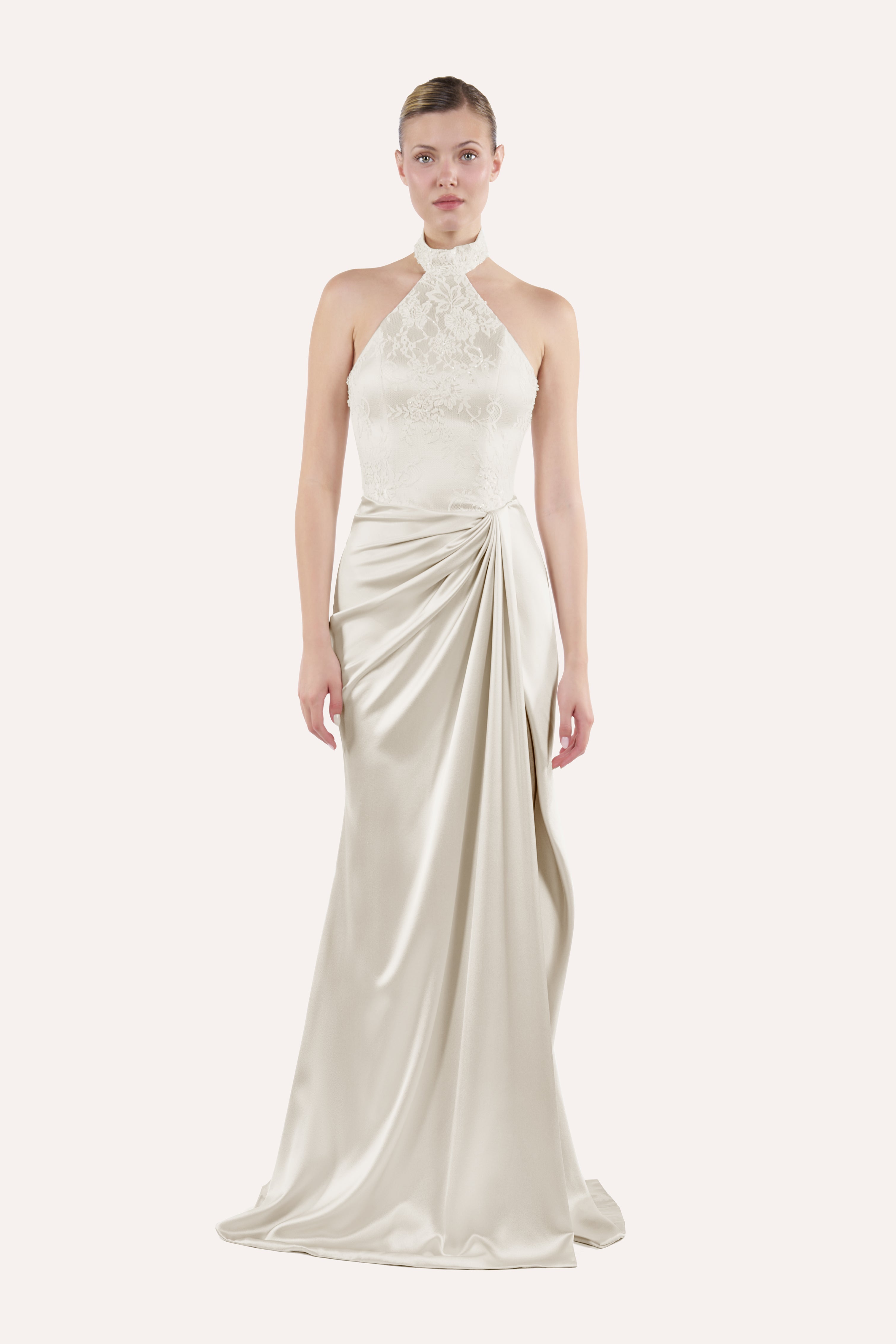 Halter corset dress with draped skirt