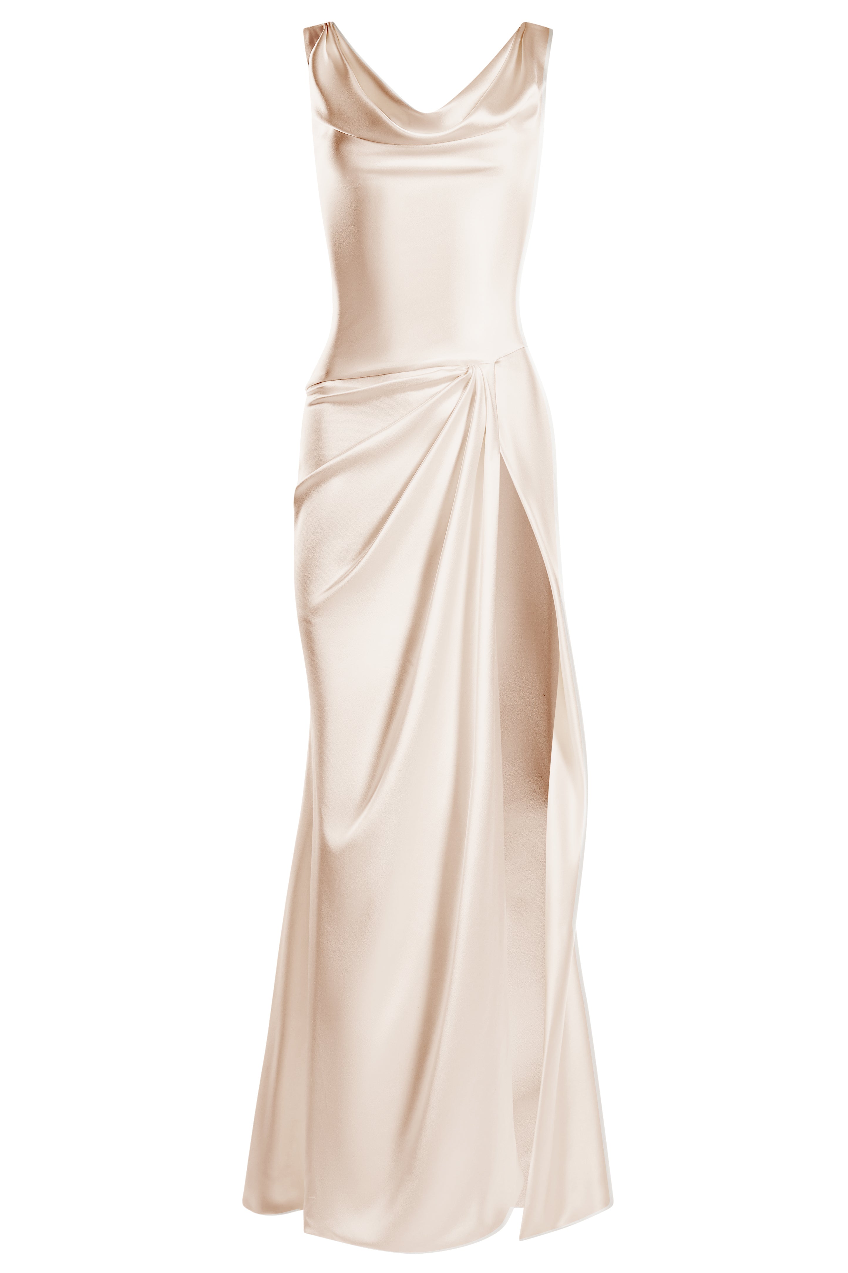 Cowl neck open back slip dress