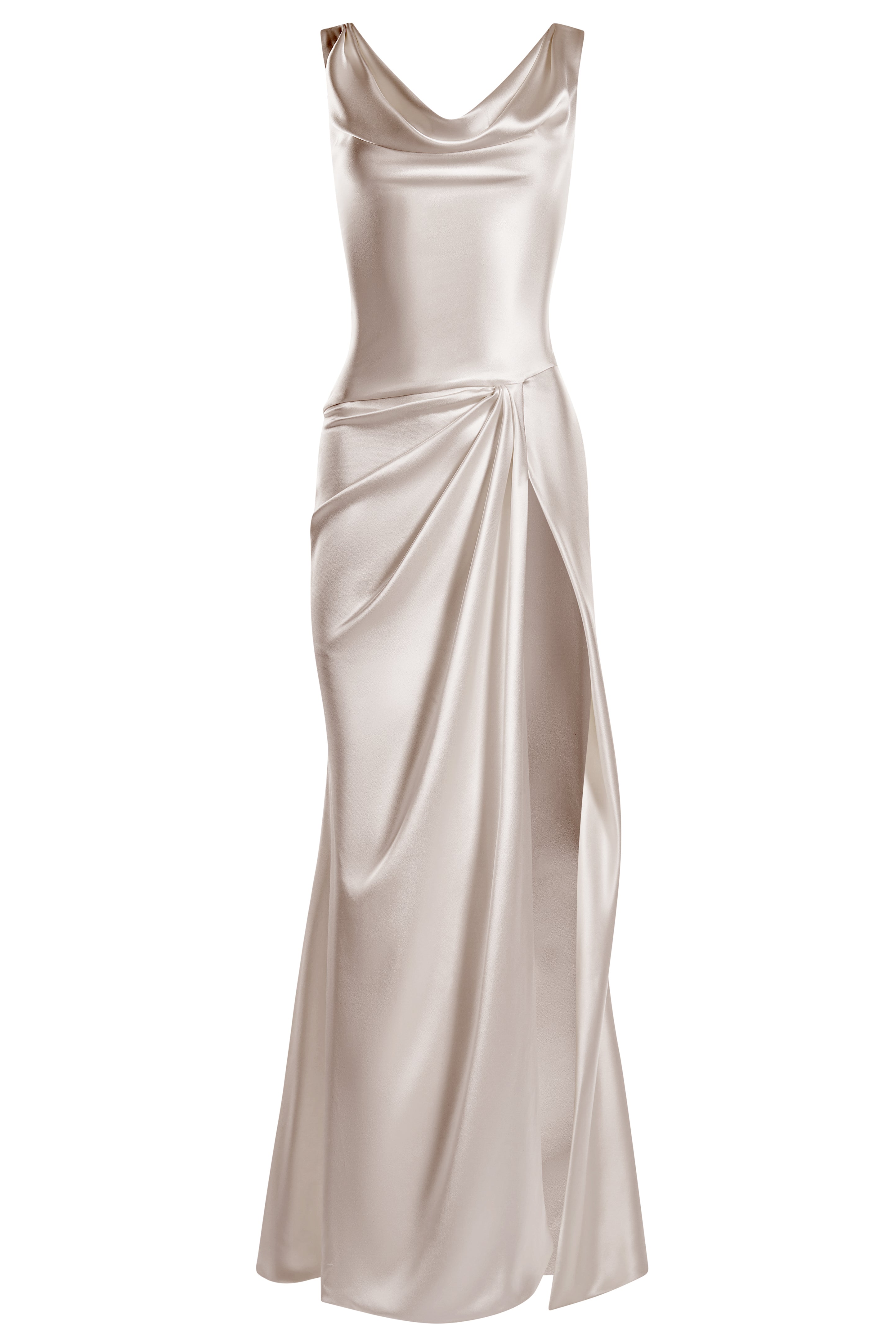 Cowl neck open back slip dress