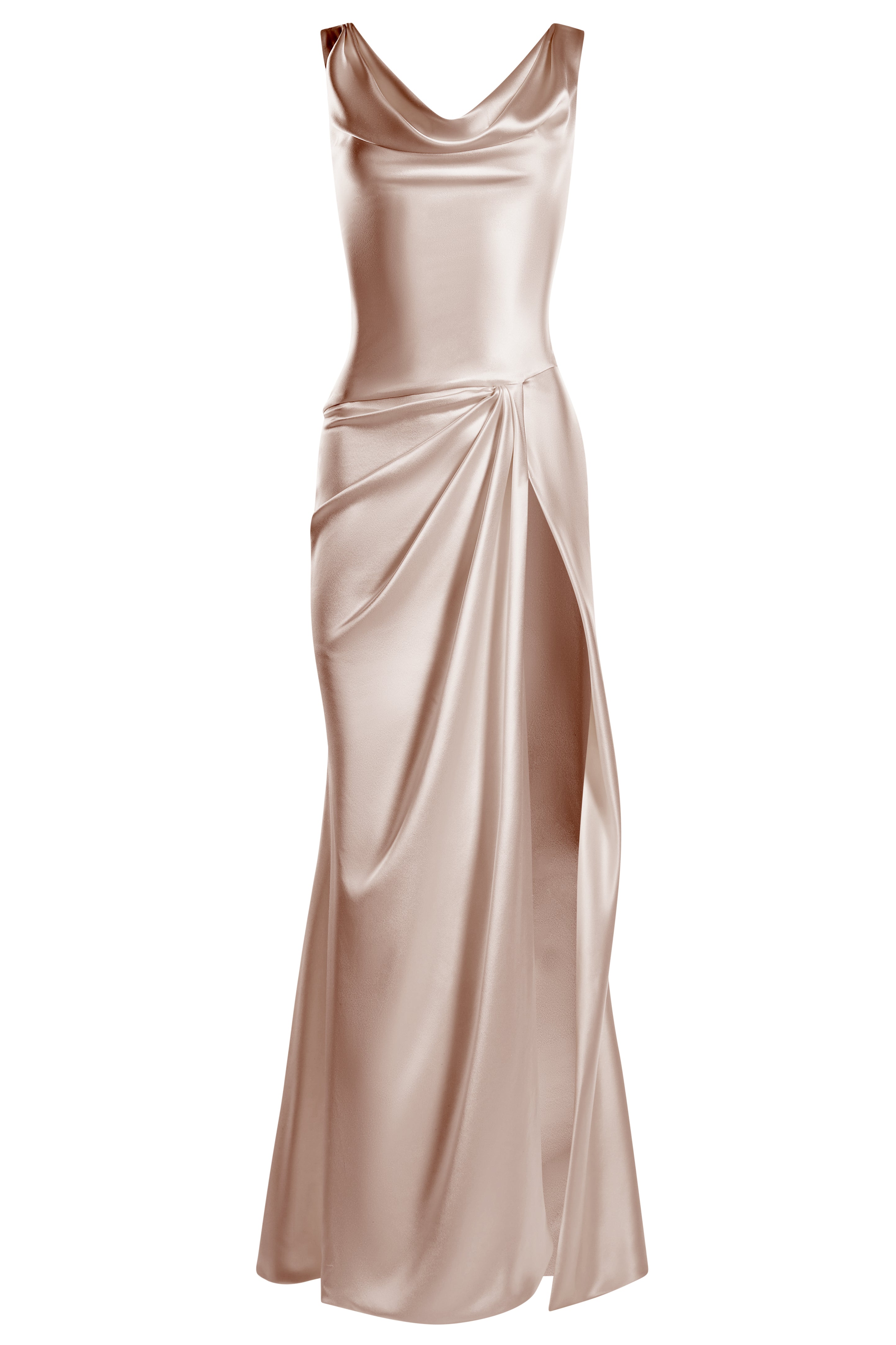 Cowl neck open back slip dress