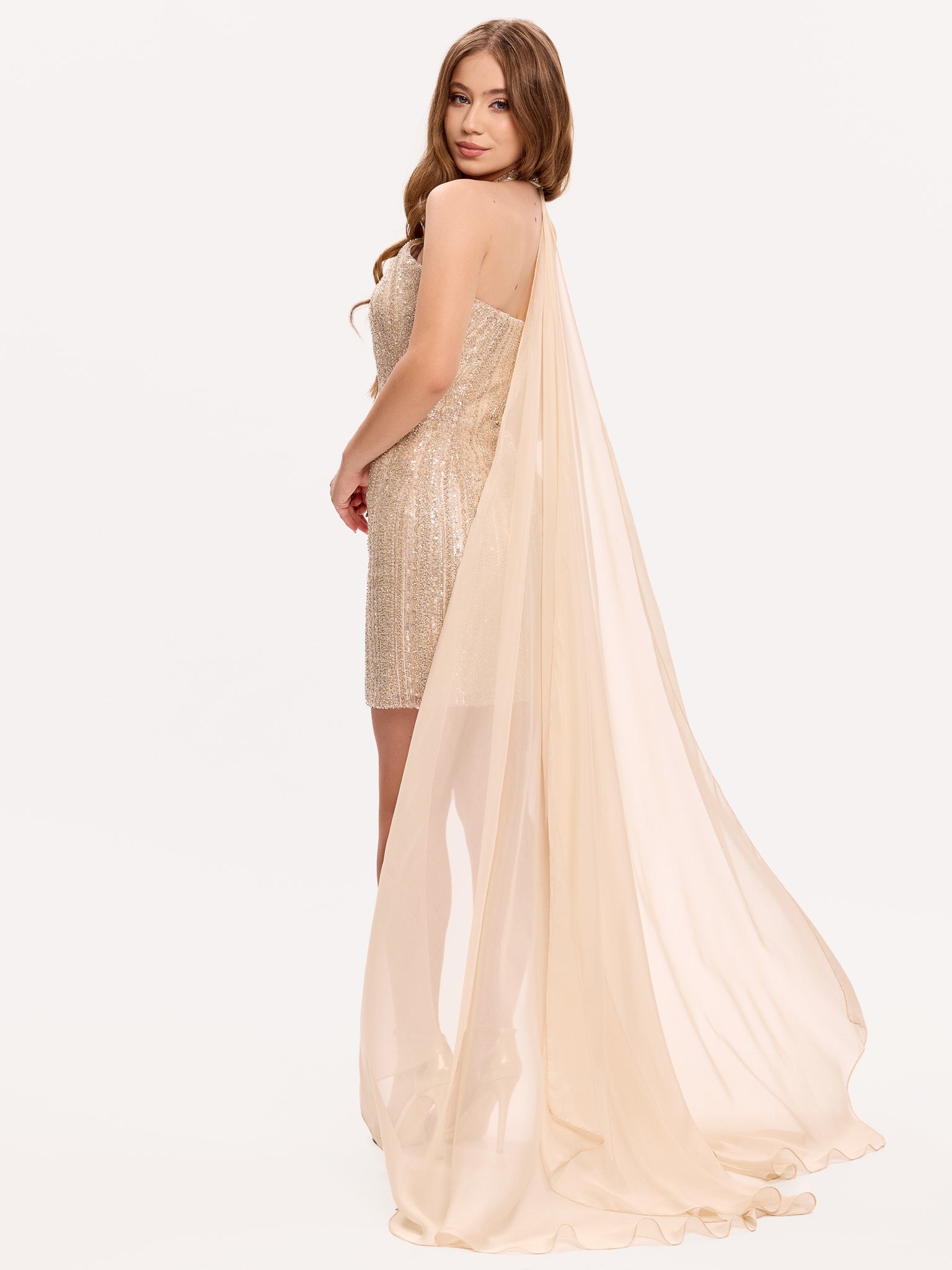 Diamond-shaped embellished minidress with silk cape