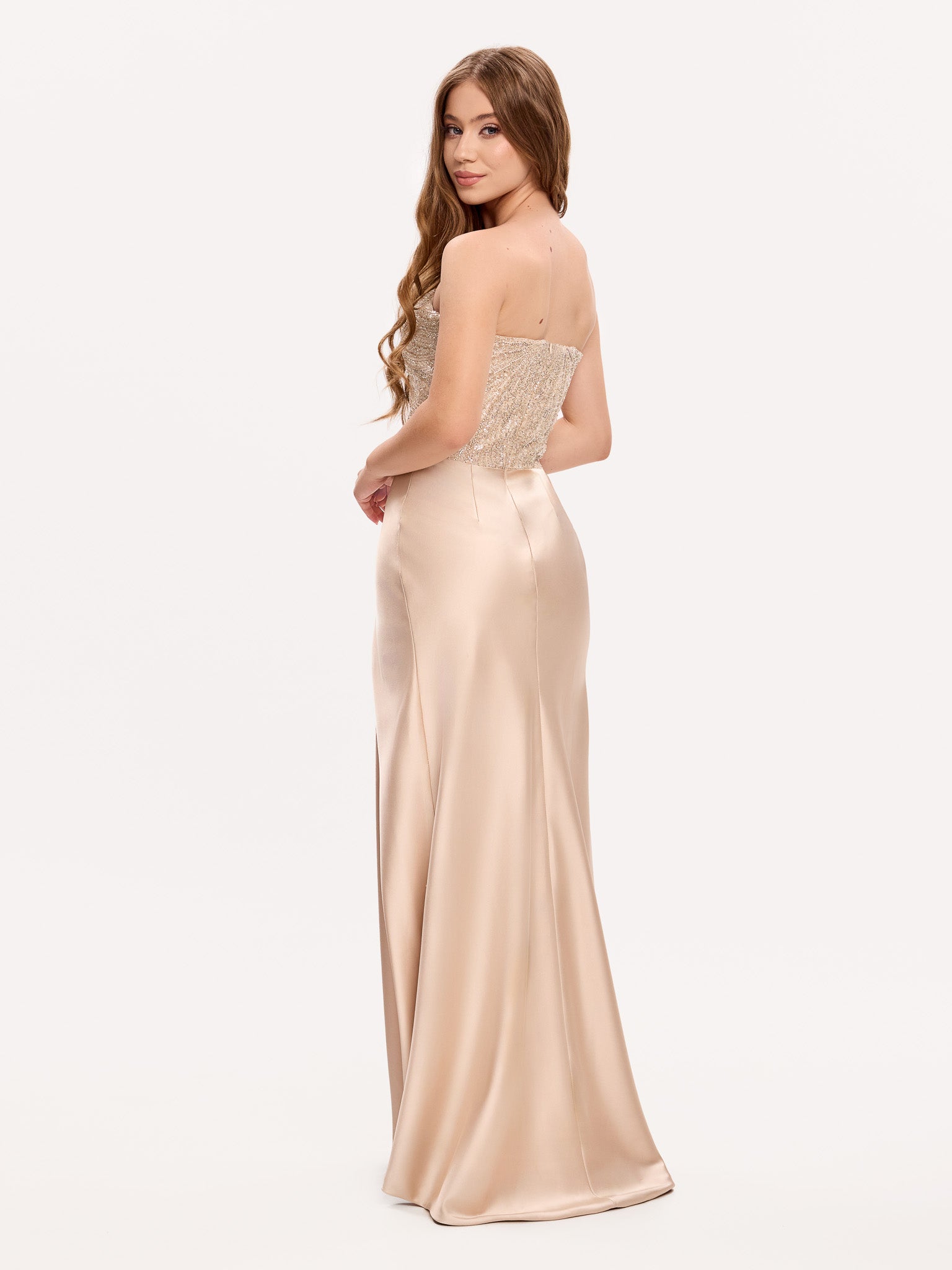 Embellished corset gown with silk slit skirt