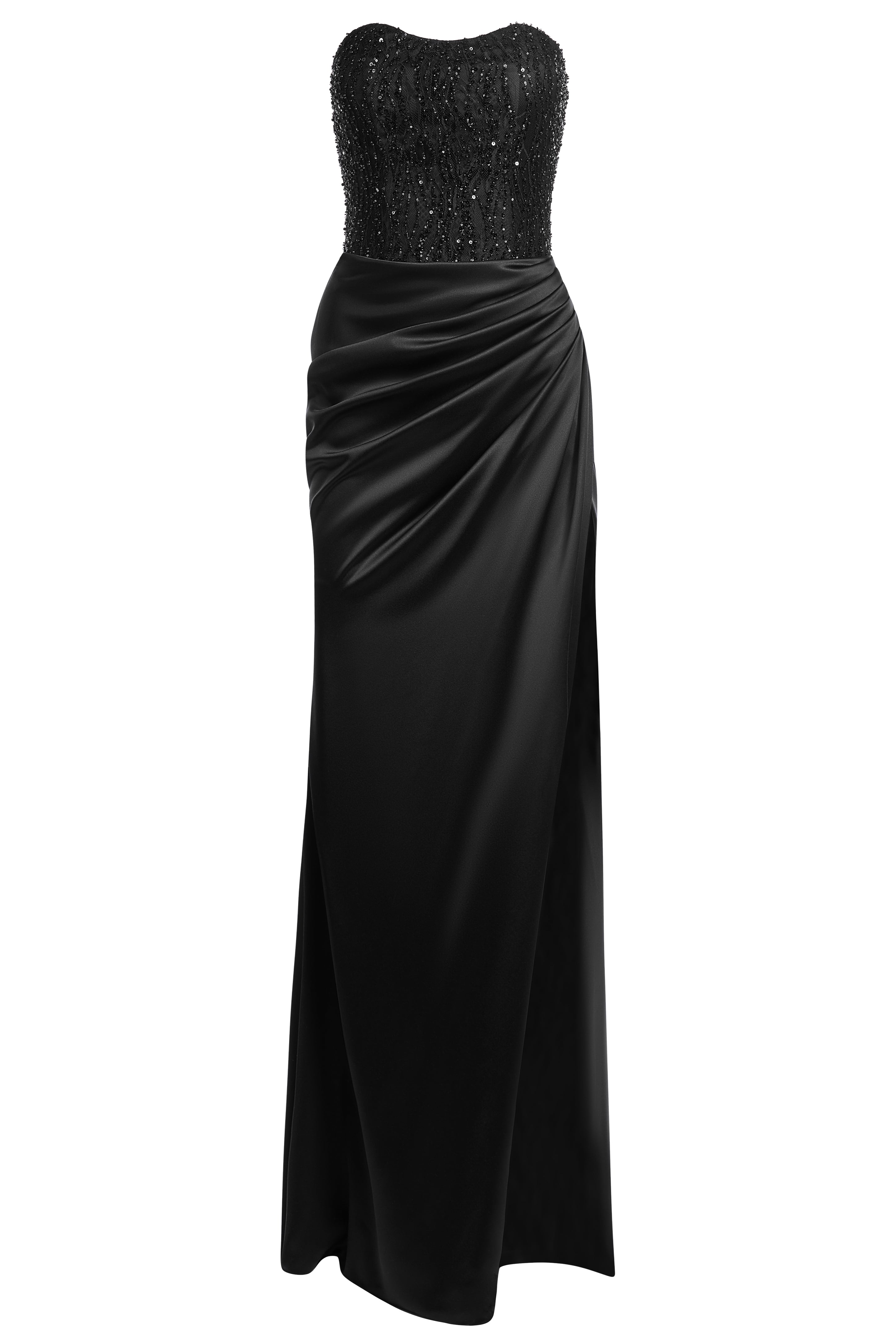 Boat neck corset dress with draped skirt
