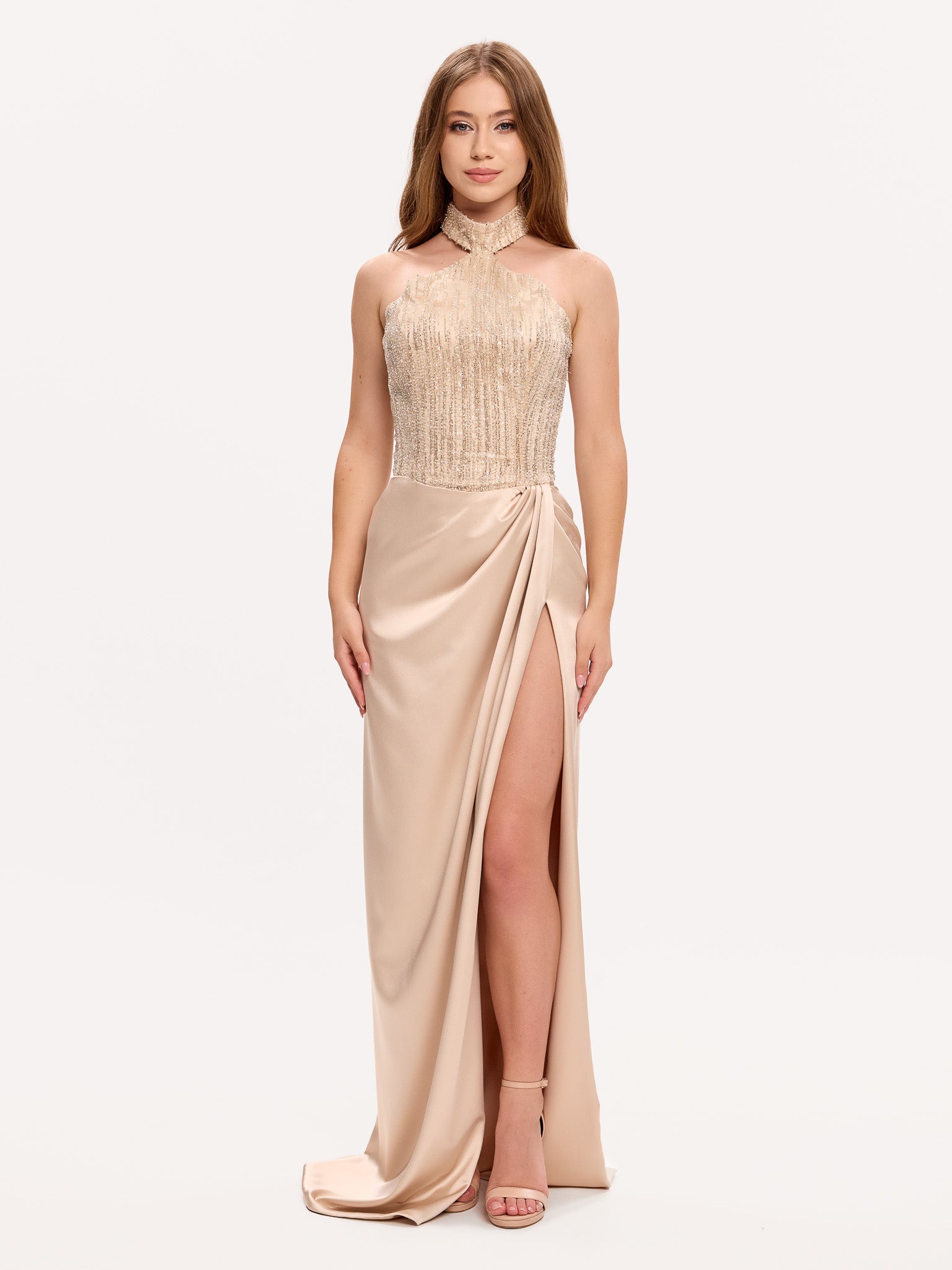 Embellished diamond corset gown with slit draped skirt