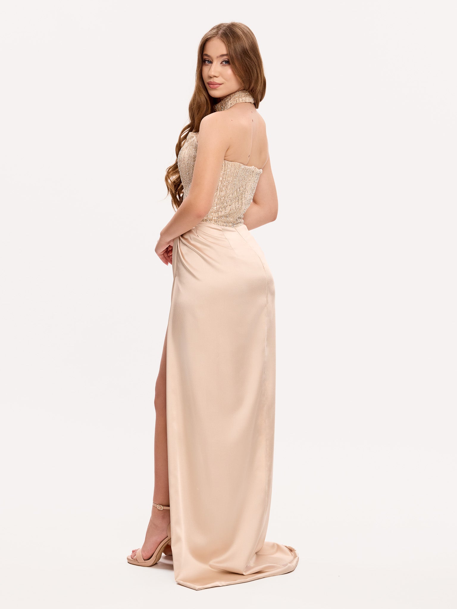 Embellished diamond corset gown with slit draped skirt