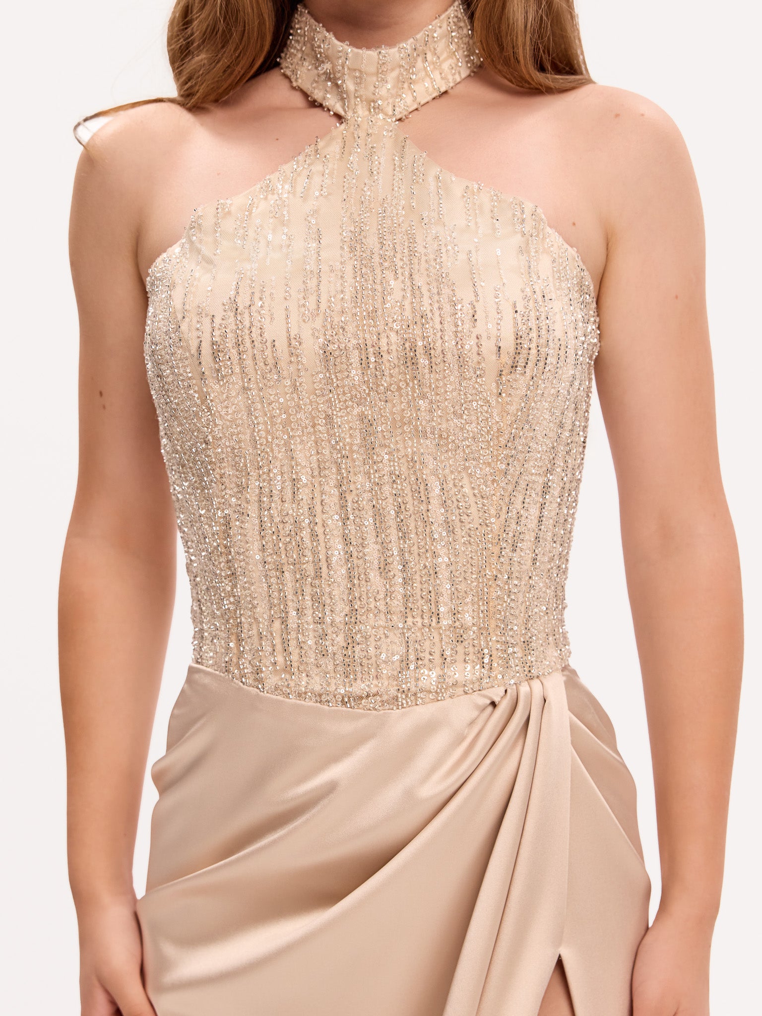 Embellished diamond corset gown with slit draped skirt