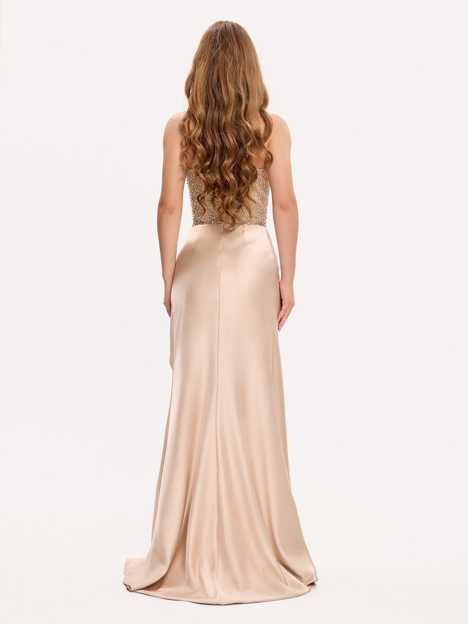 Crystal-embellished halter corset gown with slit draped skirt