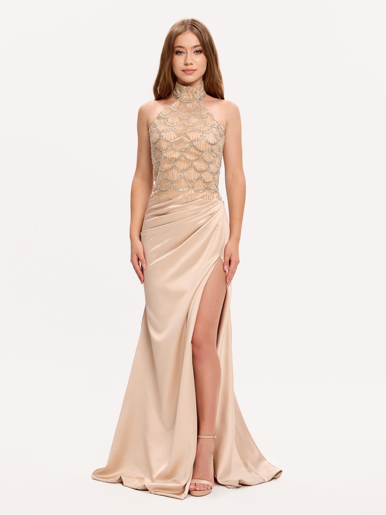 Embellished halter corset gown with side slit draped skirt