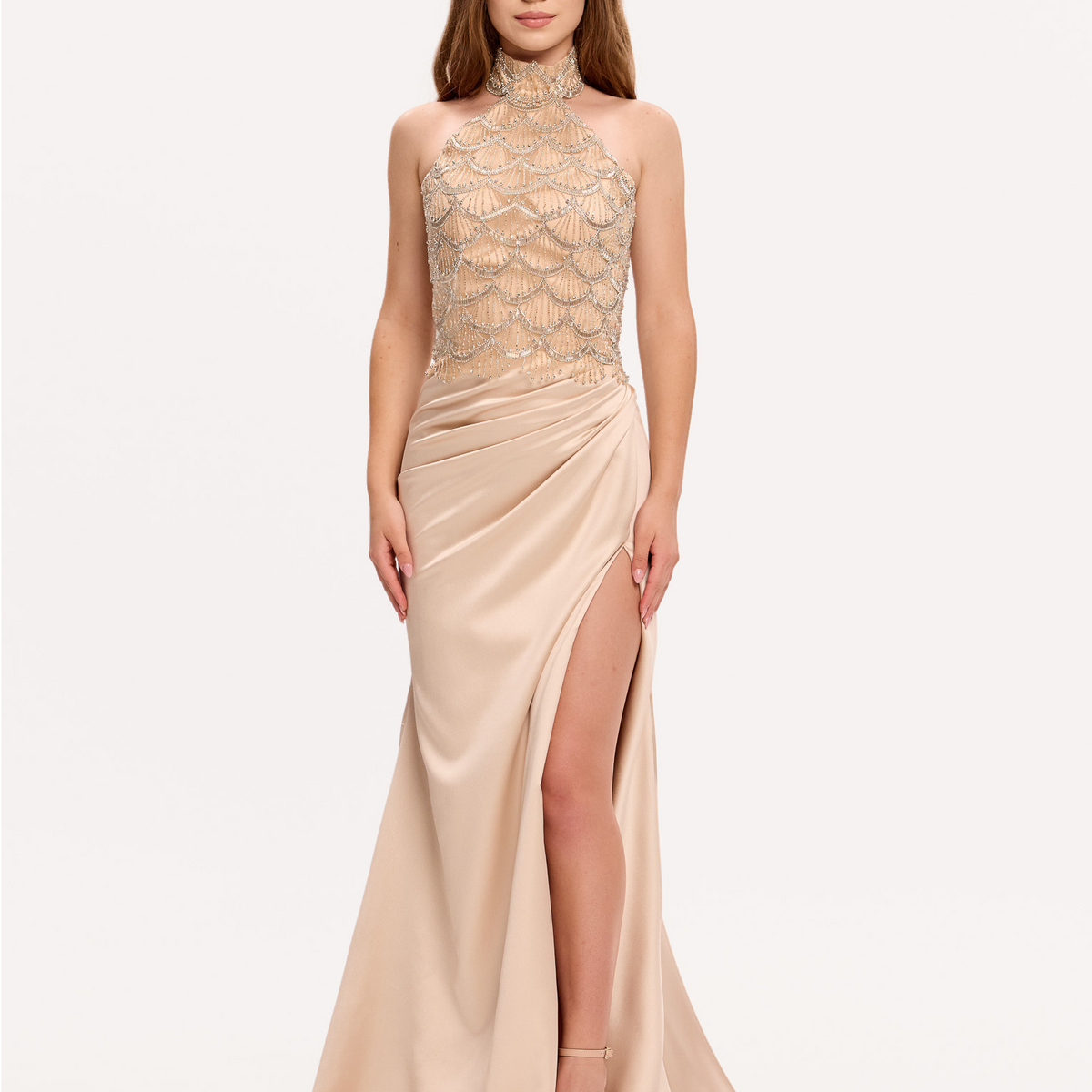 Embellished halter corset gown with side slit draped skirt
