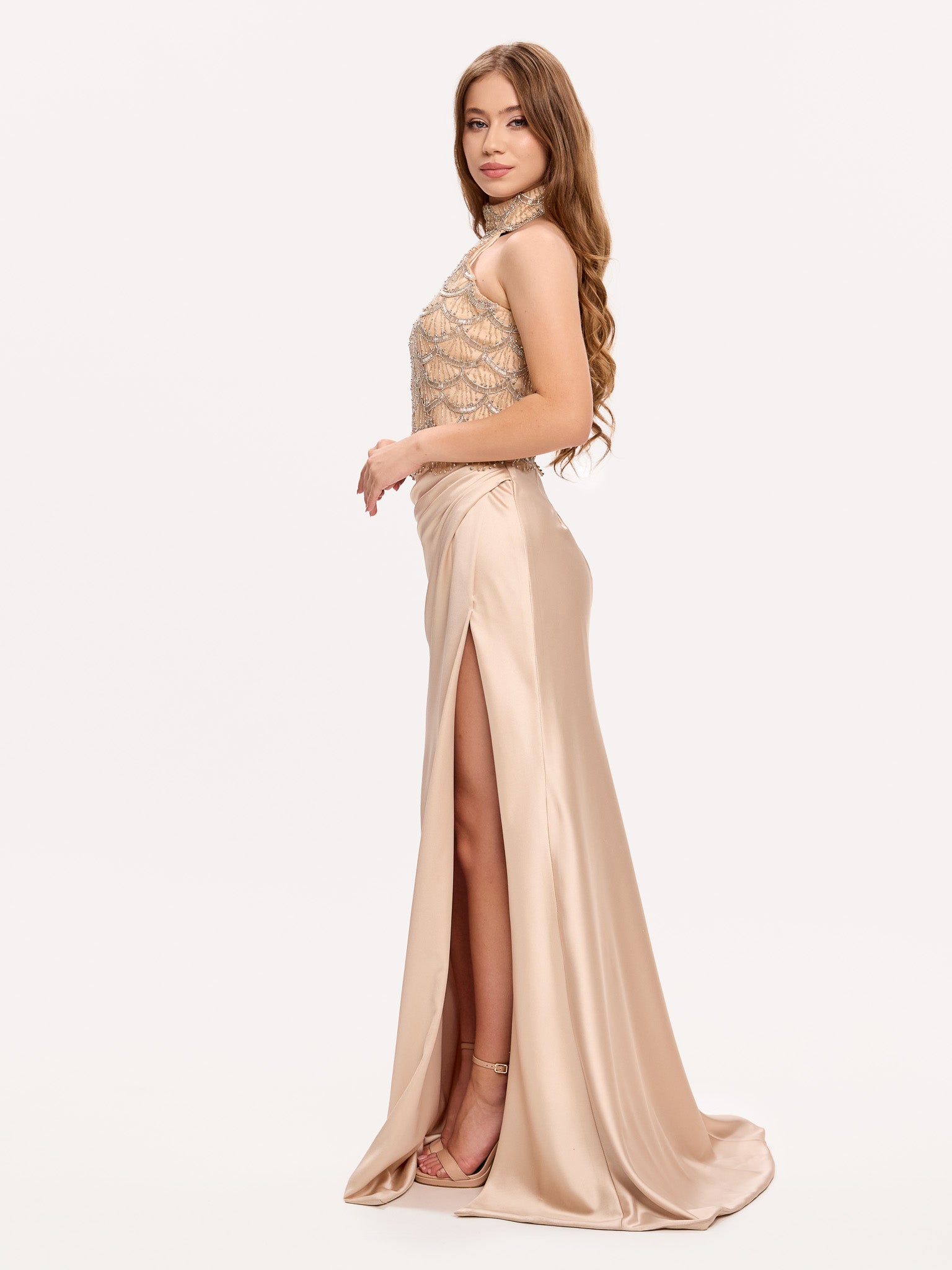 Embellished halter corset gown with side slit draped skirt