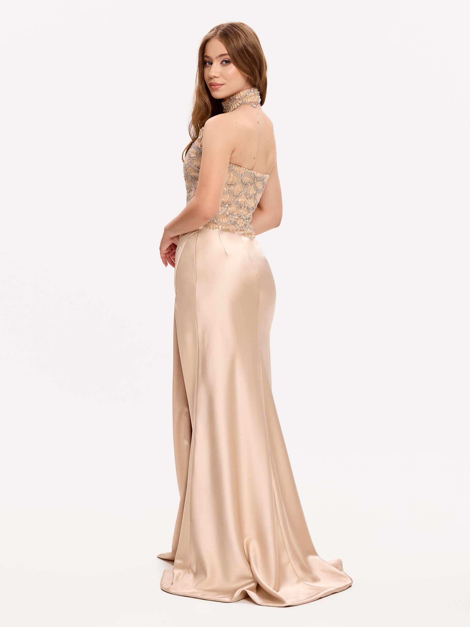 Embellished halter corset gown with side slit draped skirt