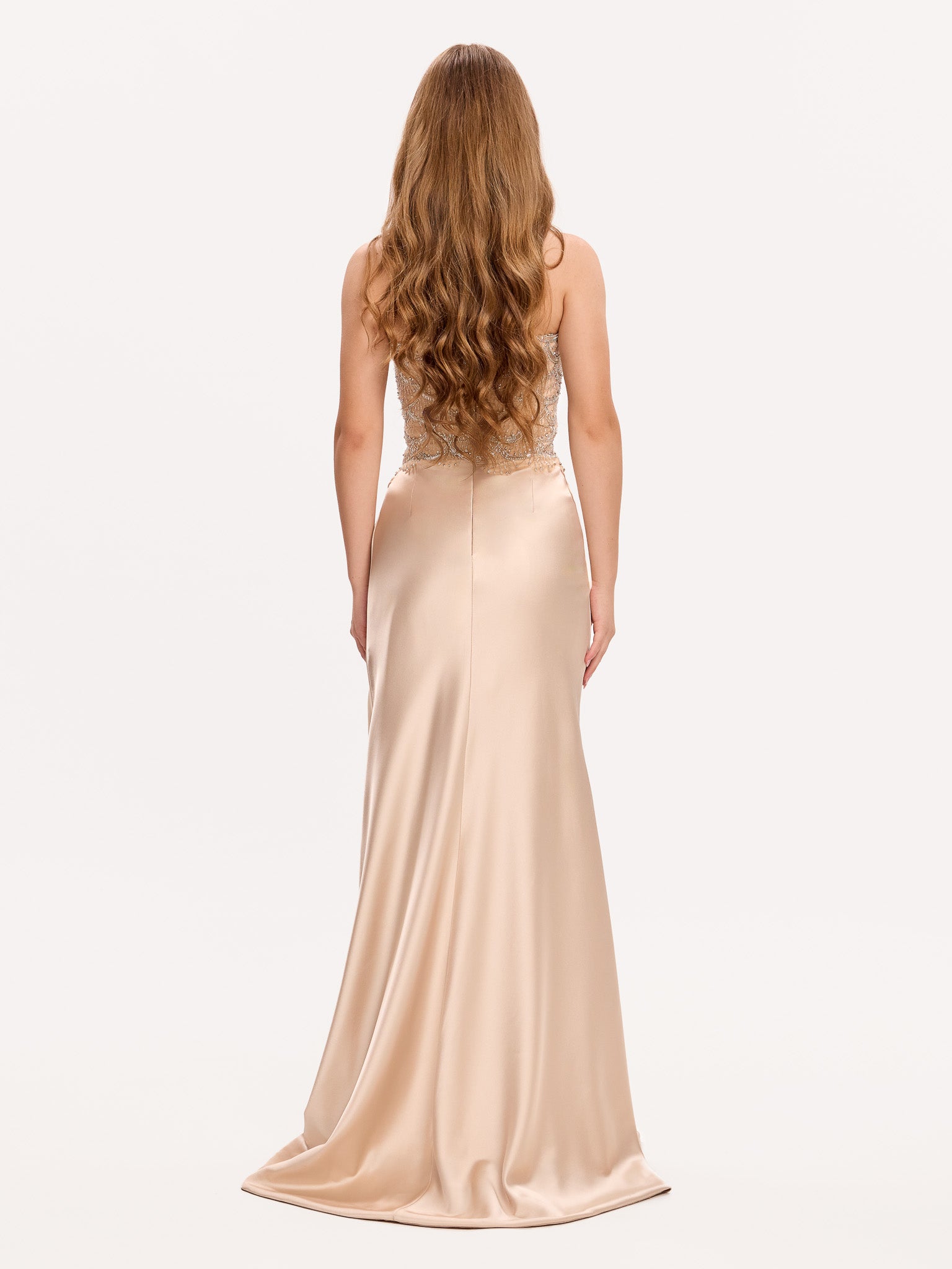 Embellished halter corset gown with side slit draped skirt