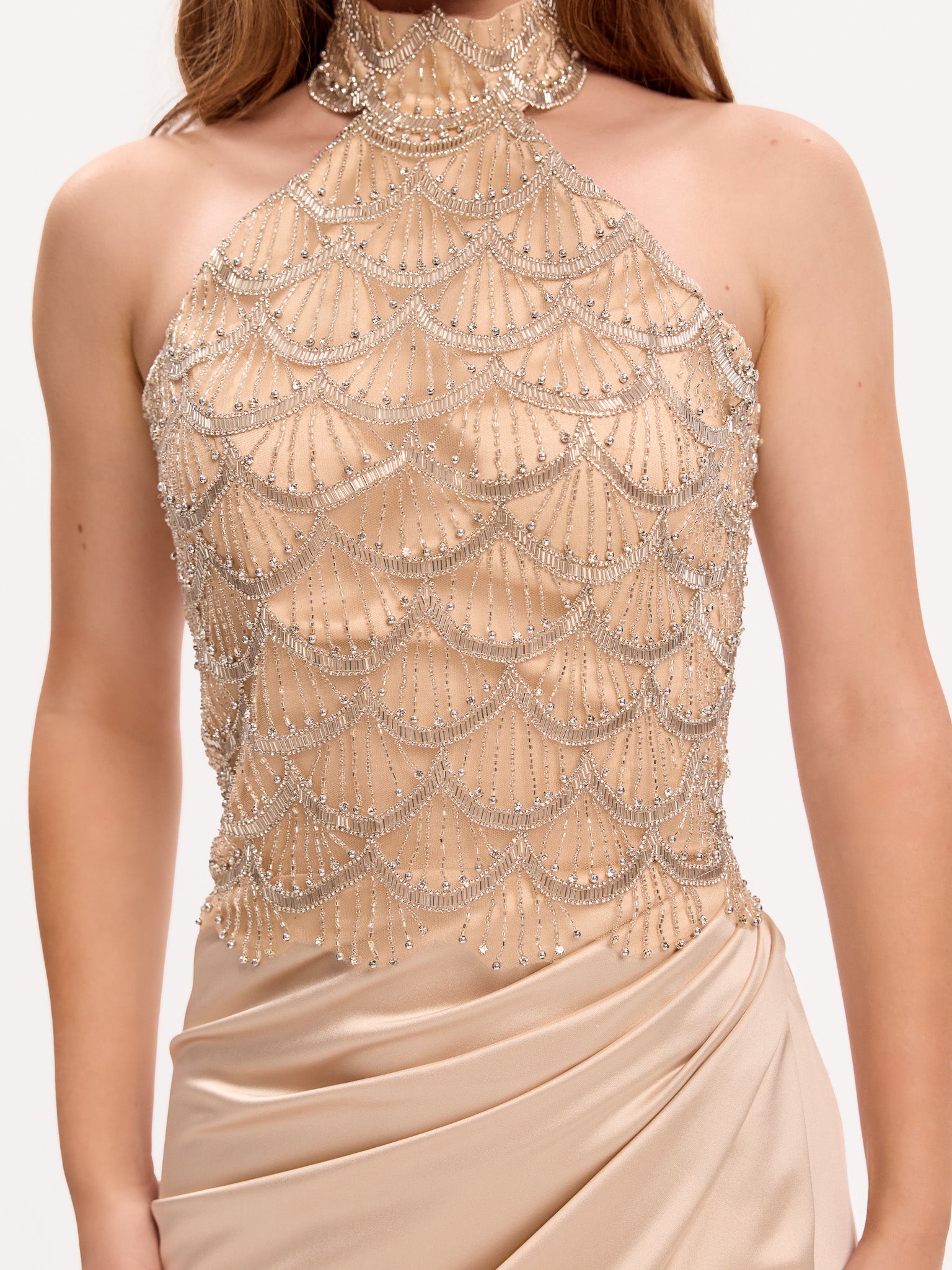 Embellished halter corset gown with side slit draped skirt