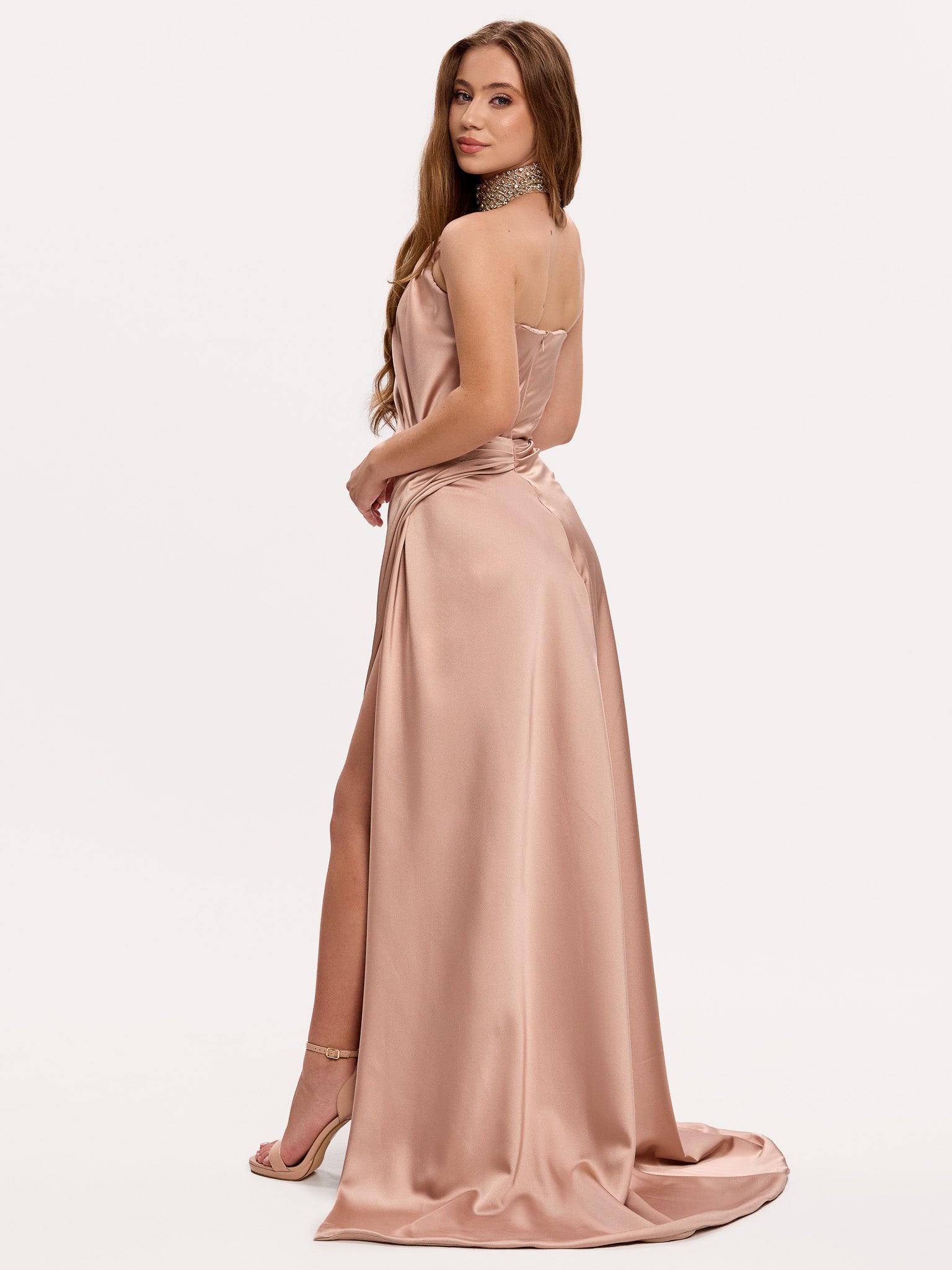 Draped halter slit gown with jewelled neck