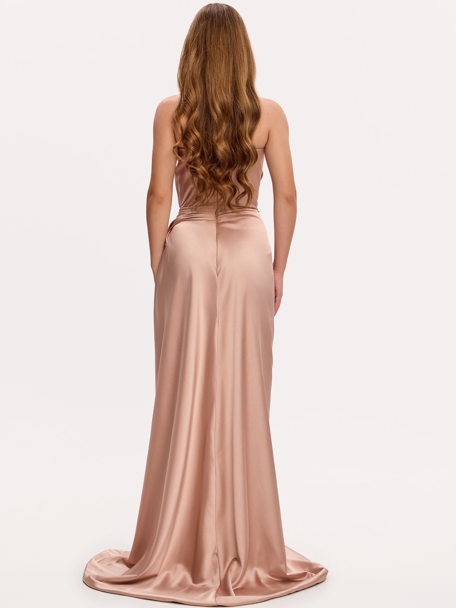 Draped halter slit gown with jewelled neck