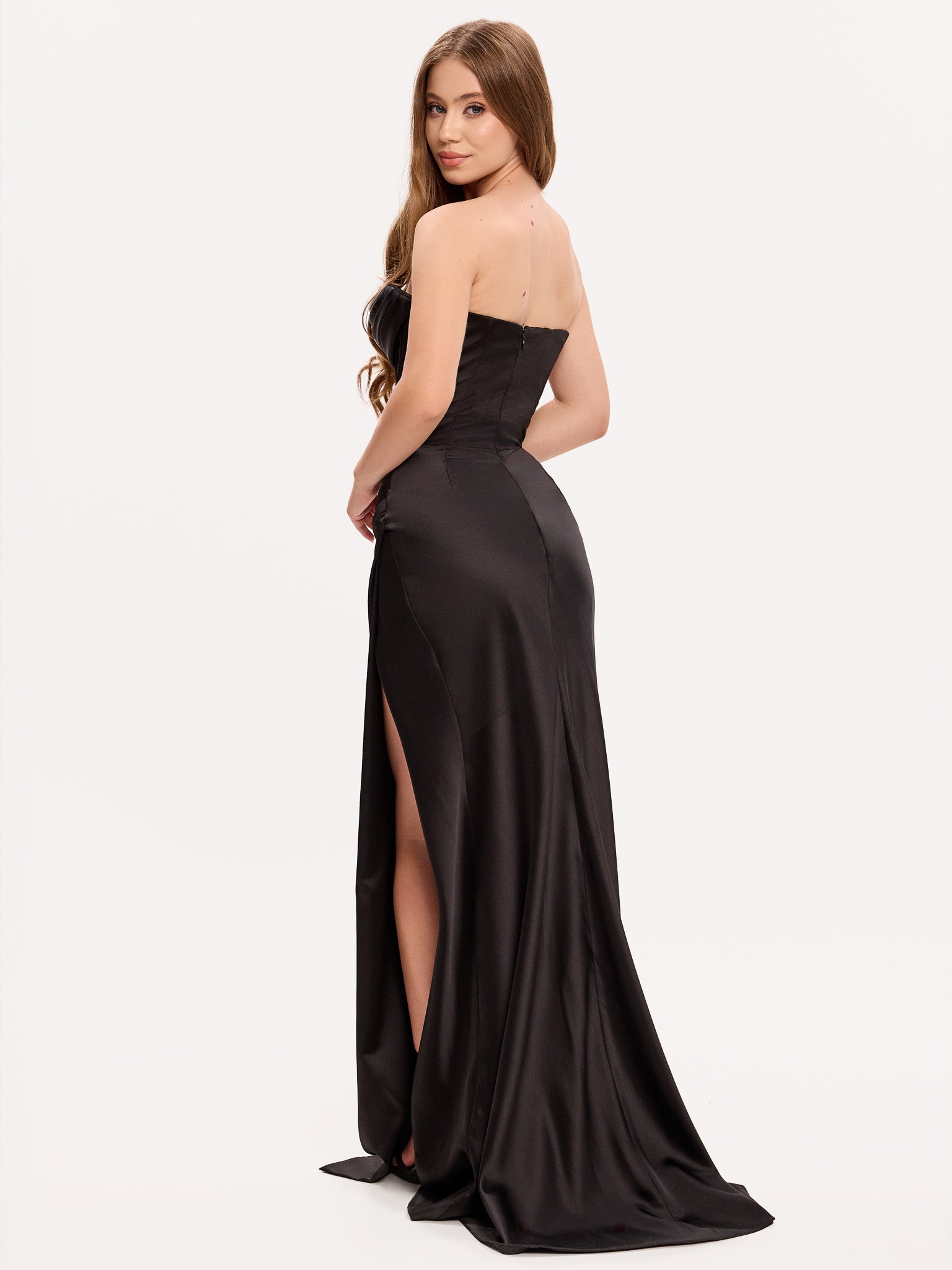 Embellished cowl sweetheart ruched corset slit gown