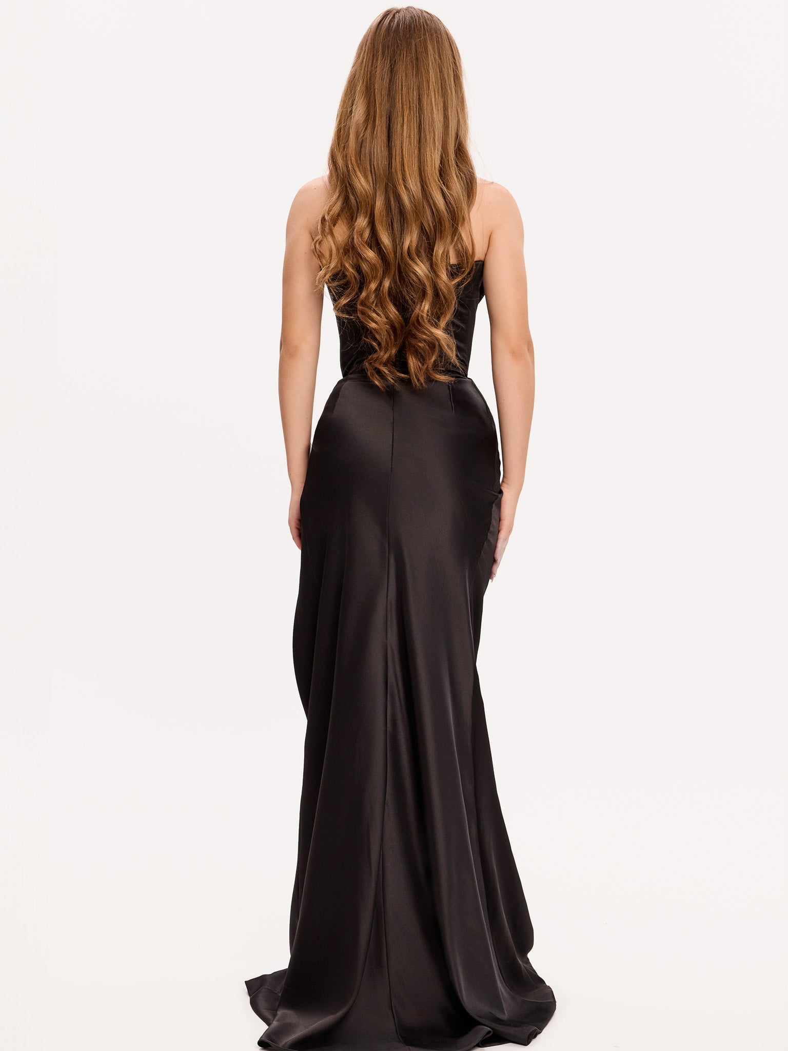 Embellished cowl sweetheart ruched corset slit gown