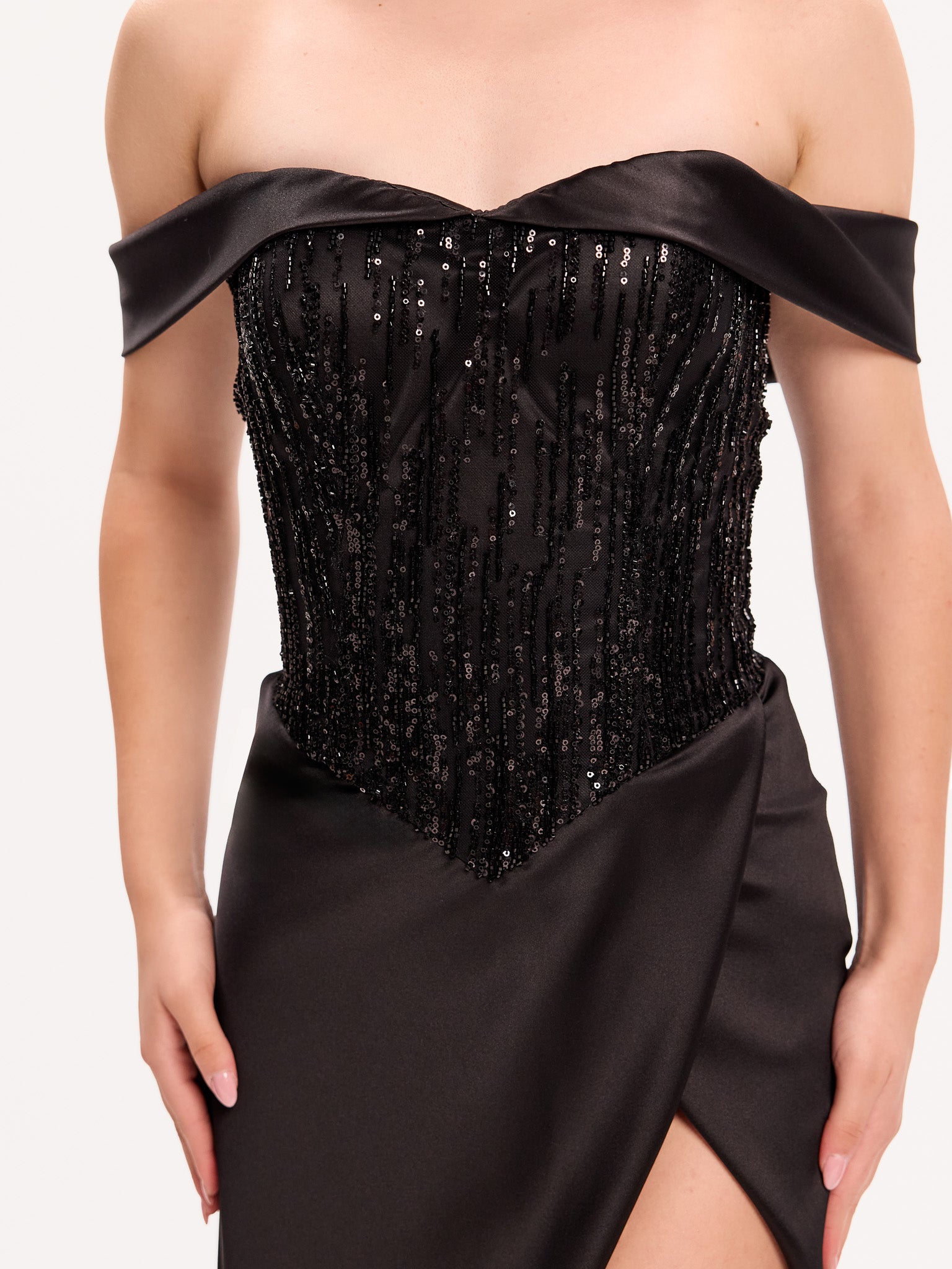 Embellished off-the-shoulder corset slit gown