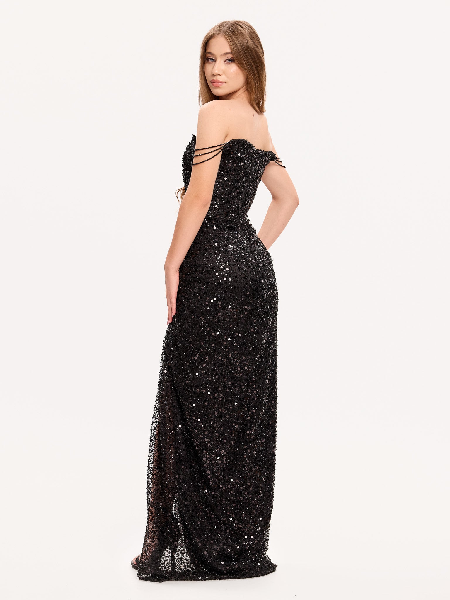 Embellished boat corset slit evening gown