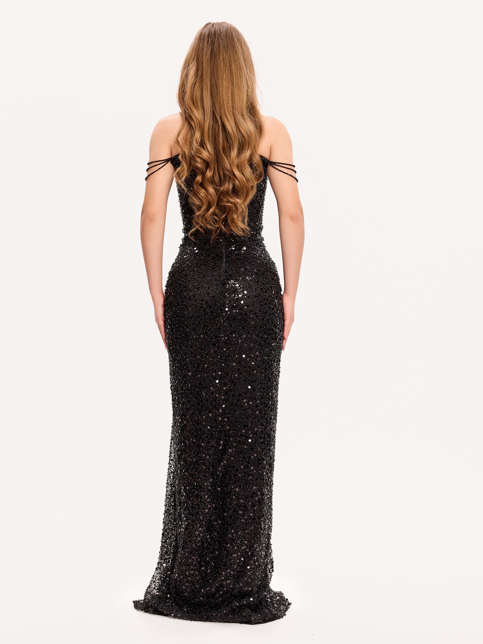 Embellished boat corset slit evening gown